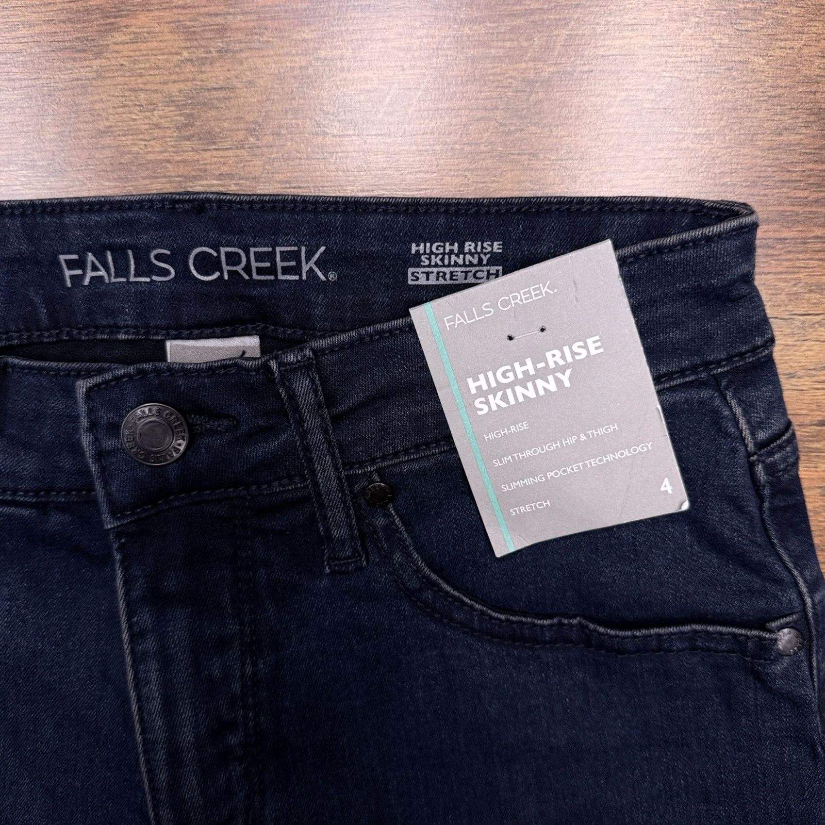 Vintage Falls Creek Jeans Womens 4 Skinny High Rise Blue Denim Stretch 5-Pocket Logo Zip 28.5in Inseam Slim Regular Cotton Blend NWT City 90s? Size 27" / US 4 / IT 40 - 4 Thumbnail