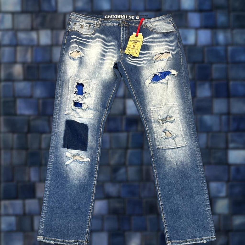 Grindhouse Denim Jeans Men's 42x32 Blue Distressed Patches Whiskers Stretch NEW