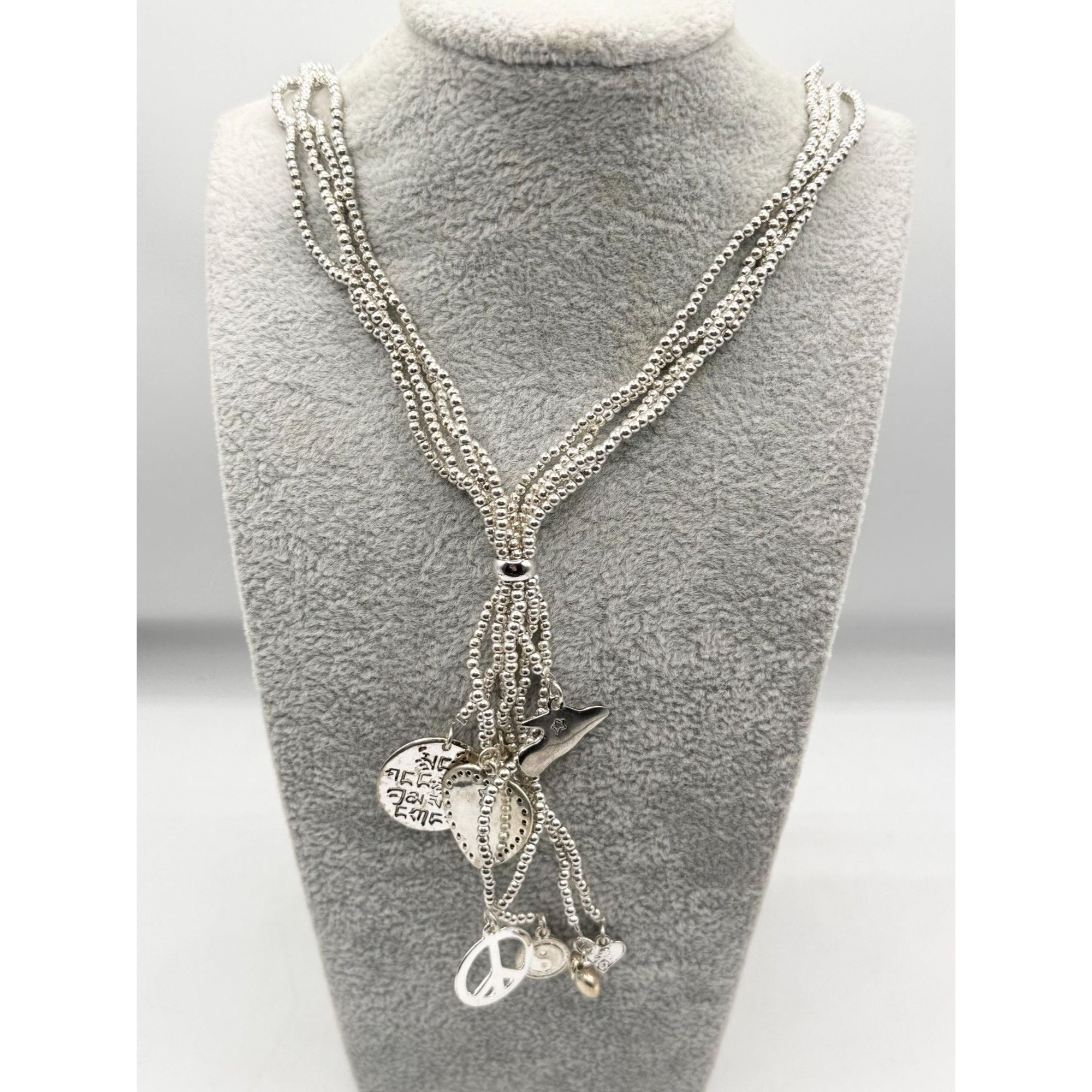 Vintage Beaded tassel silver tone peace love charm necklace Size ONE SIZE - 4 Thumbnail