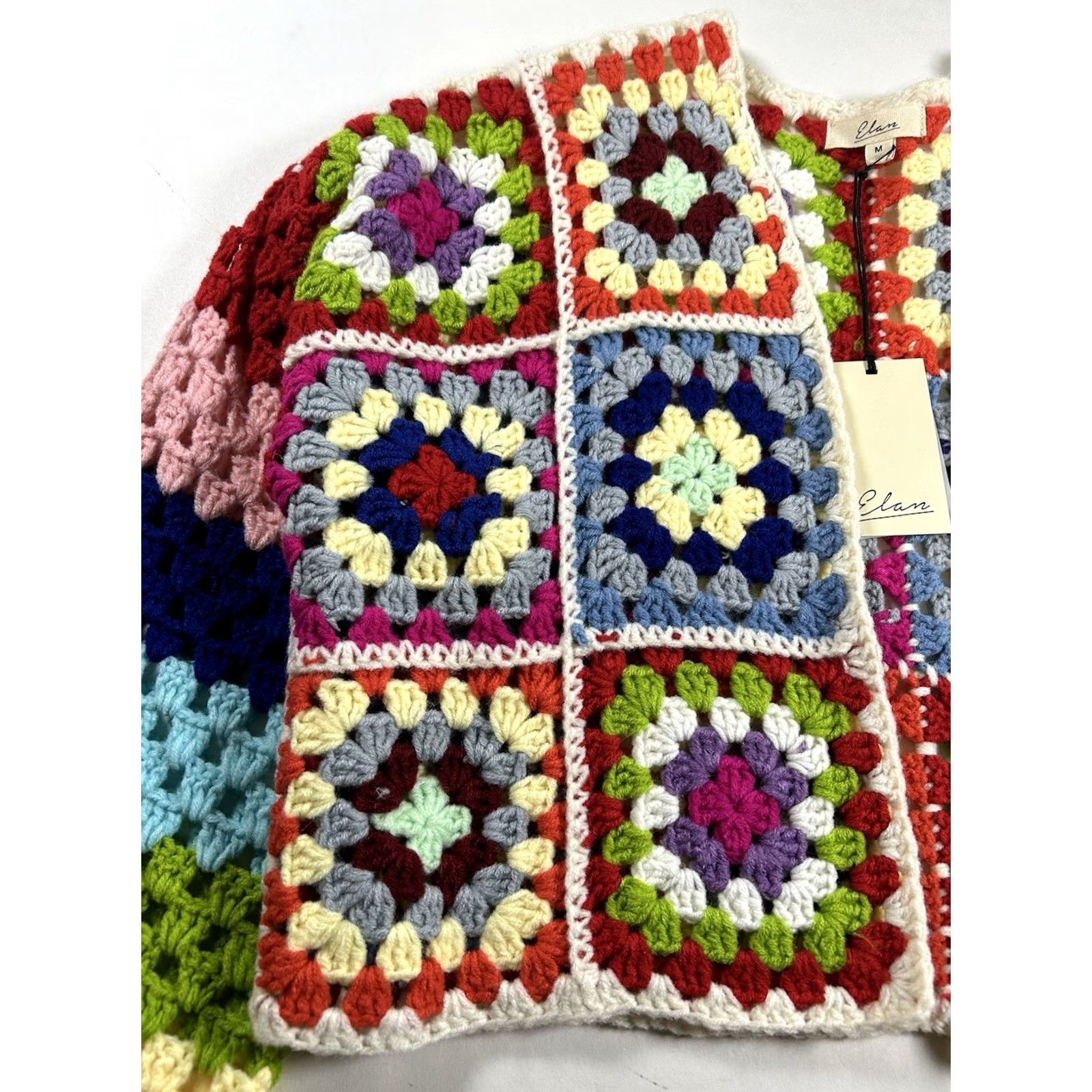 Vintage Elan Cardigan Womens M Rainbow Patchwork Boho Cottagecore Crochet Granny Square Size M / US 6-8 / IT 42-44 - 7 Thumbnail