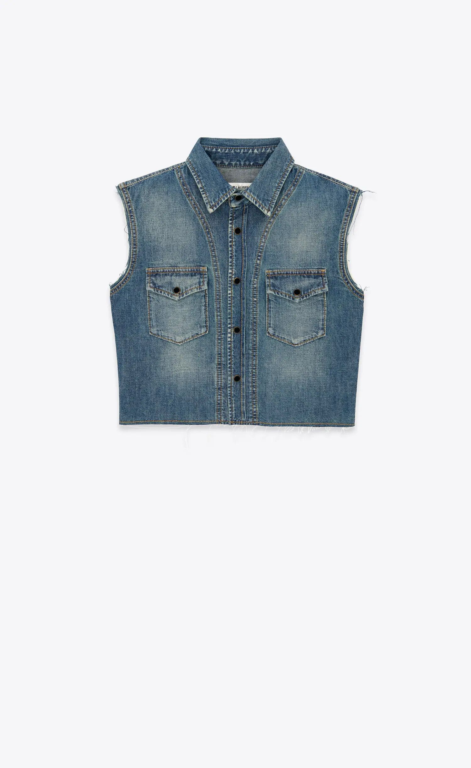 Saint Laurent Paris o1s1wg110225 694551 Cropped Shirt Dusty Denim Blue Size L / US 10 / IT 46 - 1 Thumbnail
