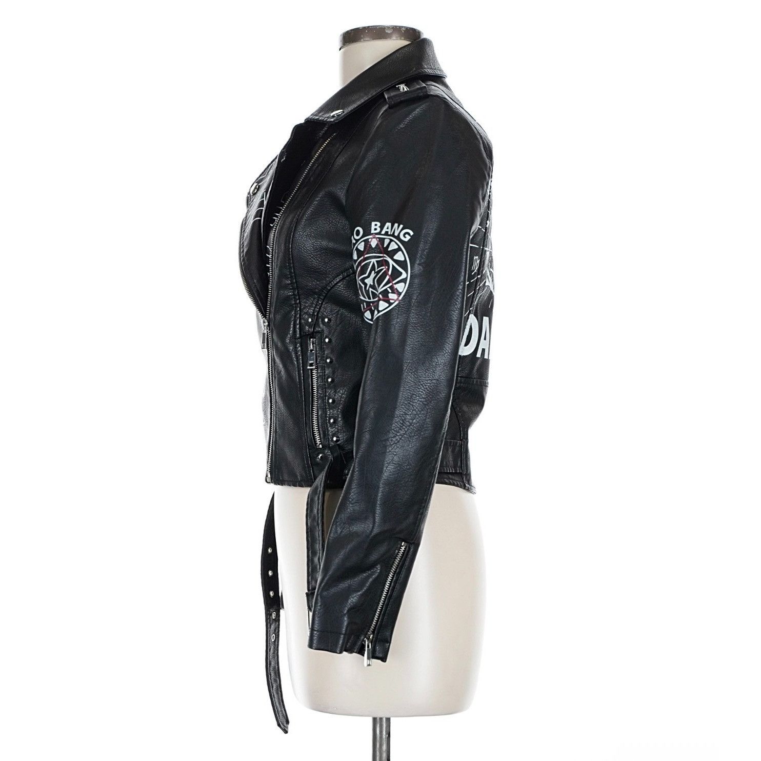 Other Black Punk Rock Graphic Studded Belted Vegan Leather Jacket Size M / US 6-8 / IT 42-44 - 6 Thumbnail