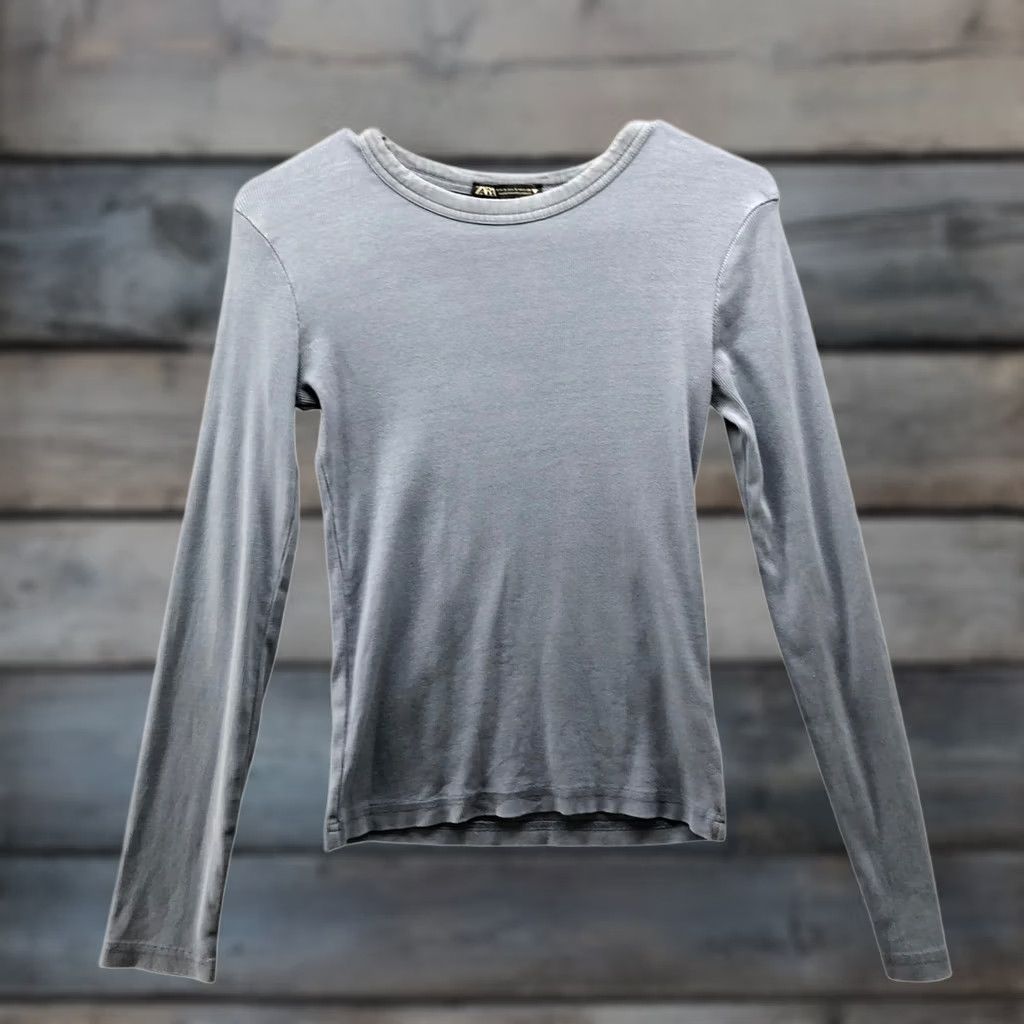Zara Zara Ribbed Long Sleeve T-Shirt Womens S Blue Crewneck Sunwashed Faded Mineral Cotton Blend Knit Size S / US 4 / IT 40 - 1 Thumbnail