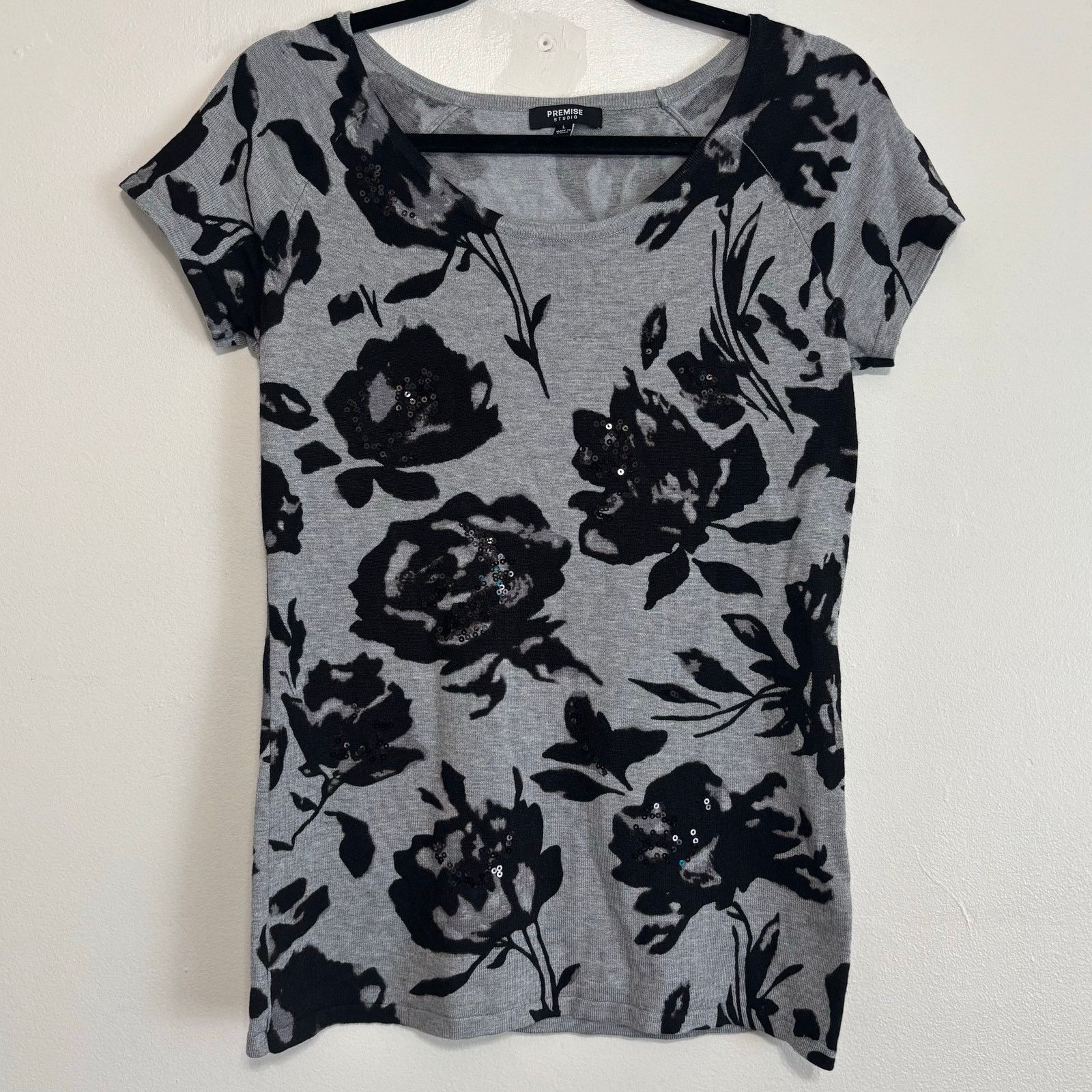 Other Premise Studio Gray Black Floral Knit Top Scoop Neck Large Size L / US 10 / IT 46 - 1 Thumbnail