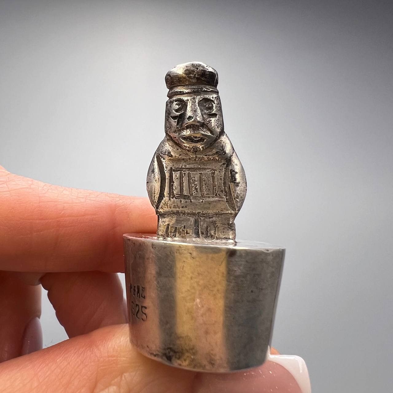 Vintage Mini Sterling Silver Statue Peru Inca Cap Bottle