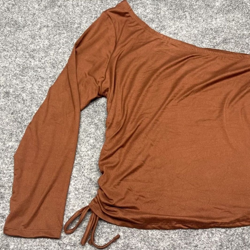 Vintage Rue21 Blouse Womens Plus 4X Brown One Shoulder Long Sleeve Ruched Drawstring New Size XXL / US 16-18 / IT 52-54 - 3 Thumbnail