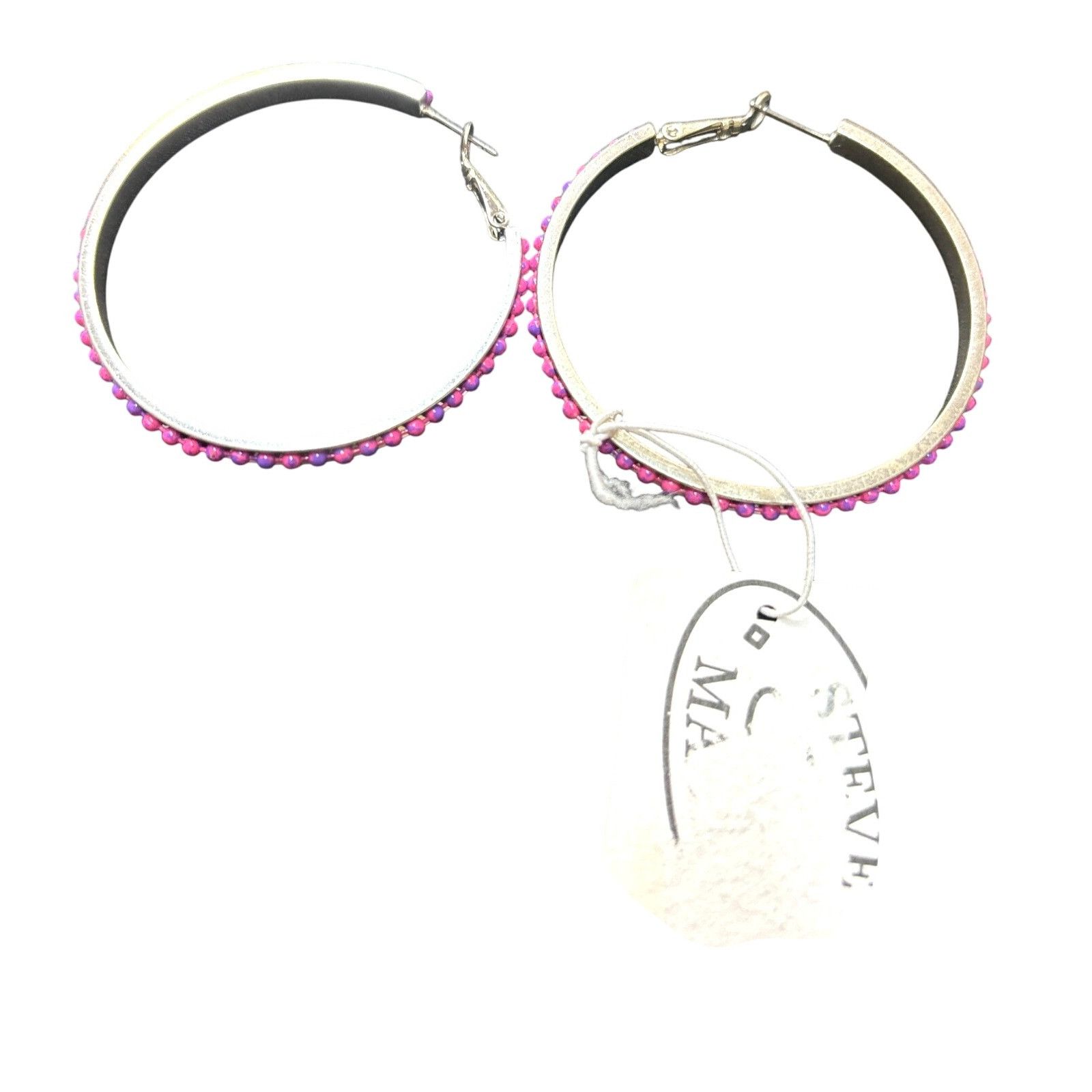 Steve Madden Steve Madden Silver-tone Hoop Earrings With Pink Beaded Det Size ONE SIZE - 2 Thumbnail