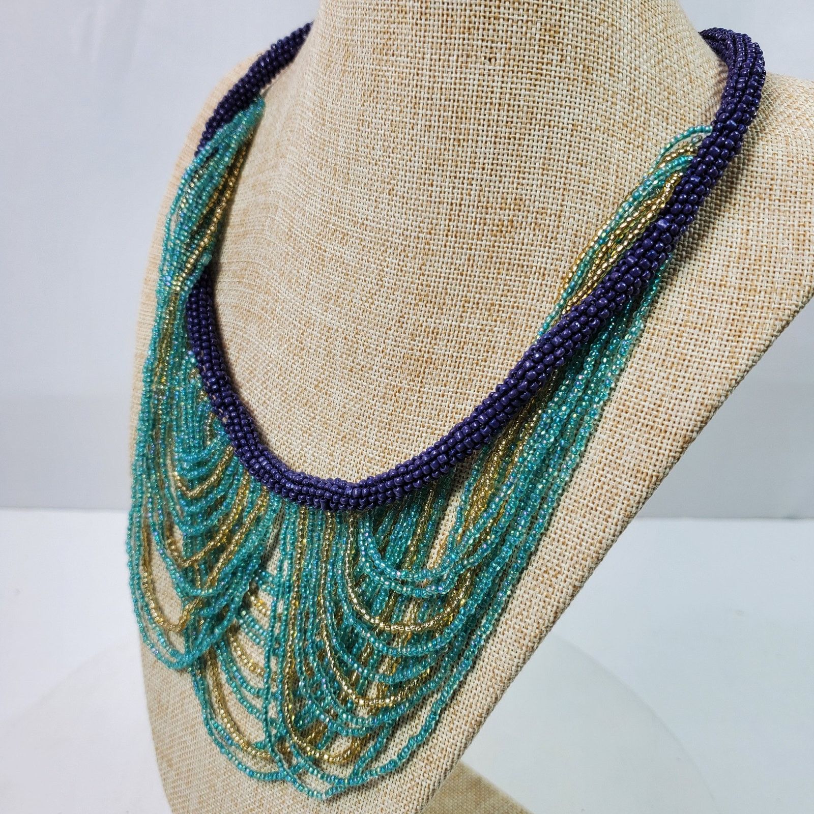 Handmade Hippie Gypsy Seed Bead Necklace 22 Inch Long Blue Gold Size ONE SIZE - 3 Thumbnail