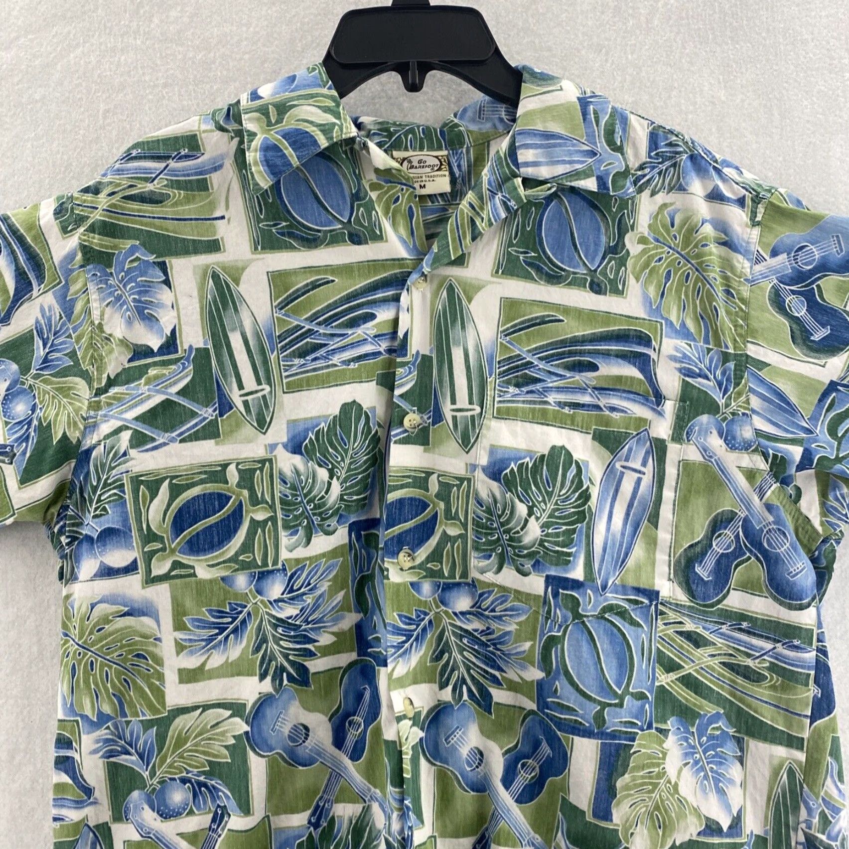Vivobarefoot VINTAGE Go Barefoot Shirt Mens Button Front Hawaiian Shirt Cotton Surf Guitars Size US M / EU 48-50 / 2 - 2 Thumbnail