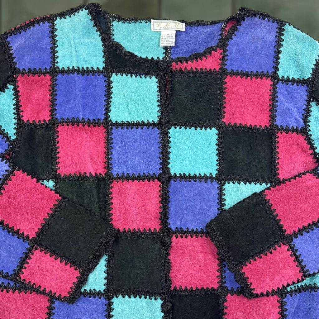 VINTAGE SMH Boutique Leather Patchwork Jacket Womens XL Multicolor 1980s Colorful 80s Mens? Womens