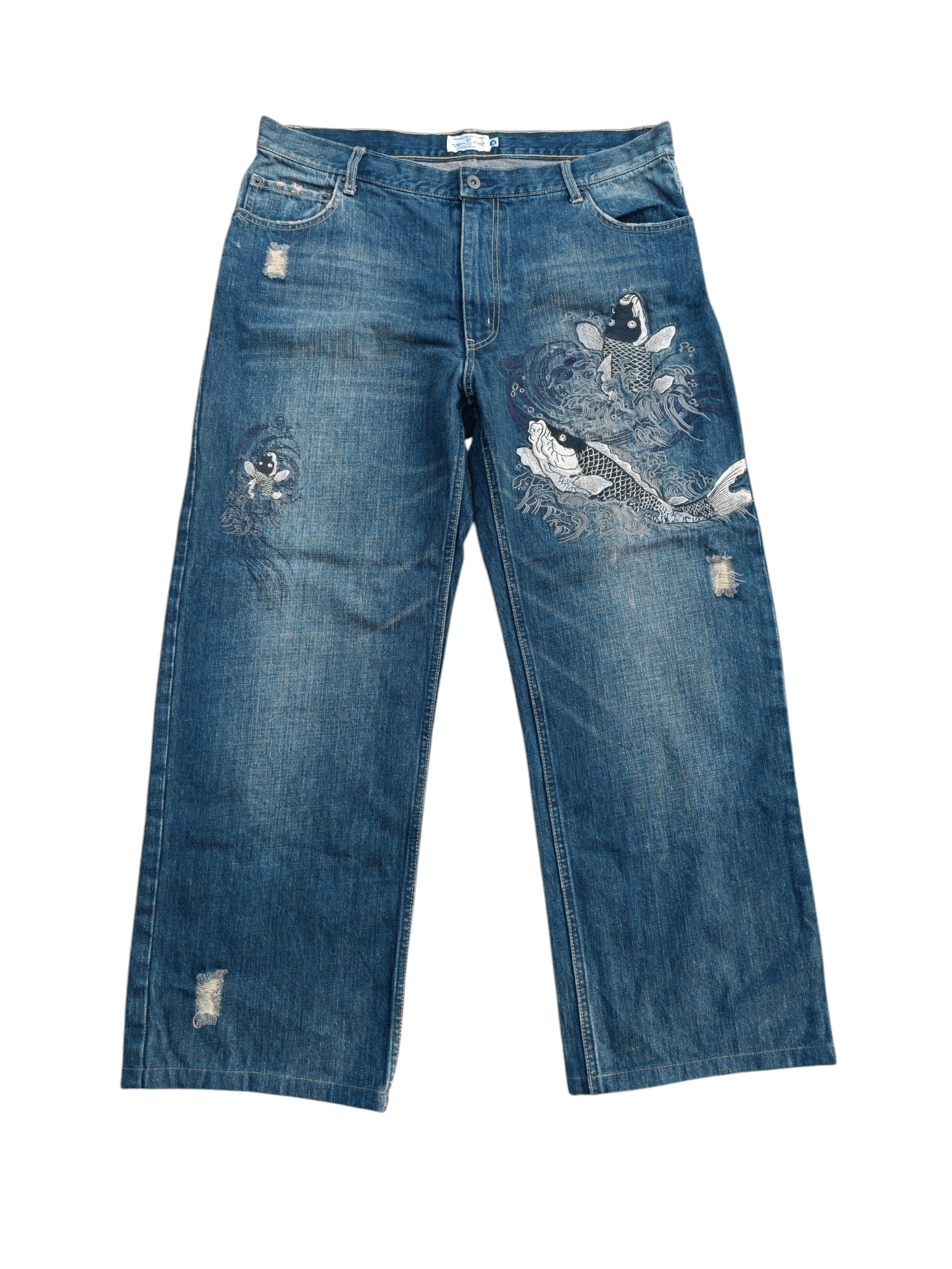 🔥DOPE🔥Karakuri Distressed Koi Fish Embroidery Jeans