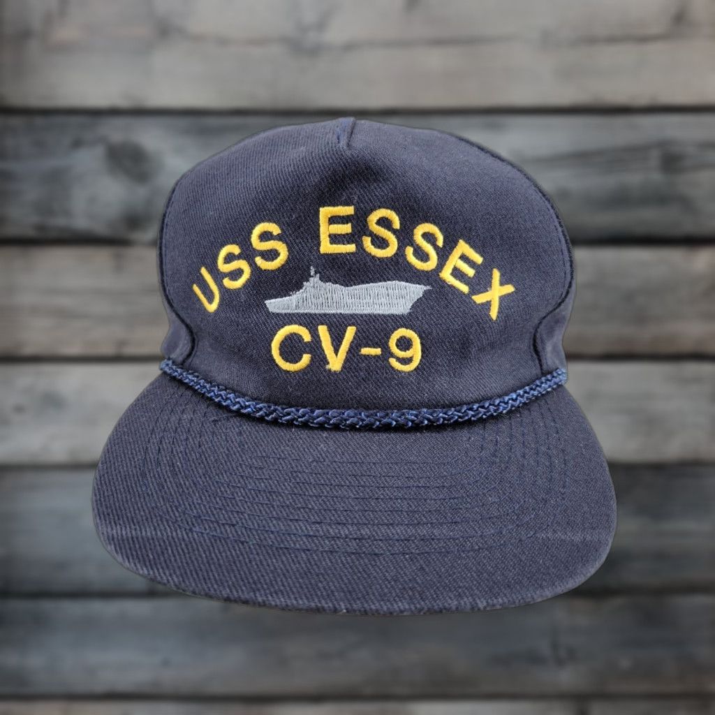 Vintage VINTAGE USS ESSEX CV-9 U.S NAVY SHIP HAT Rope U.S MILITARY BALL CAP Dark Navy Wool Adjustable Rope Undervisor Green Mens Hats Size ONE SIZE - 1 Thumbnail