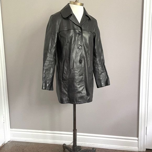Roots Vintage Roots Black Leather Straight Cut Mid Length Car Coat Size S / US 4 / IT 40 - 13 Thumbnail