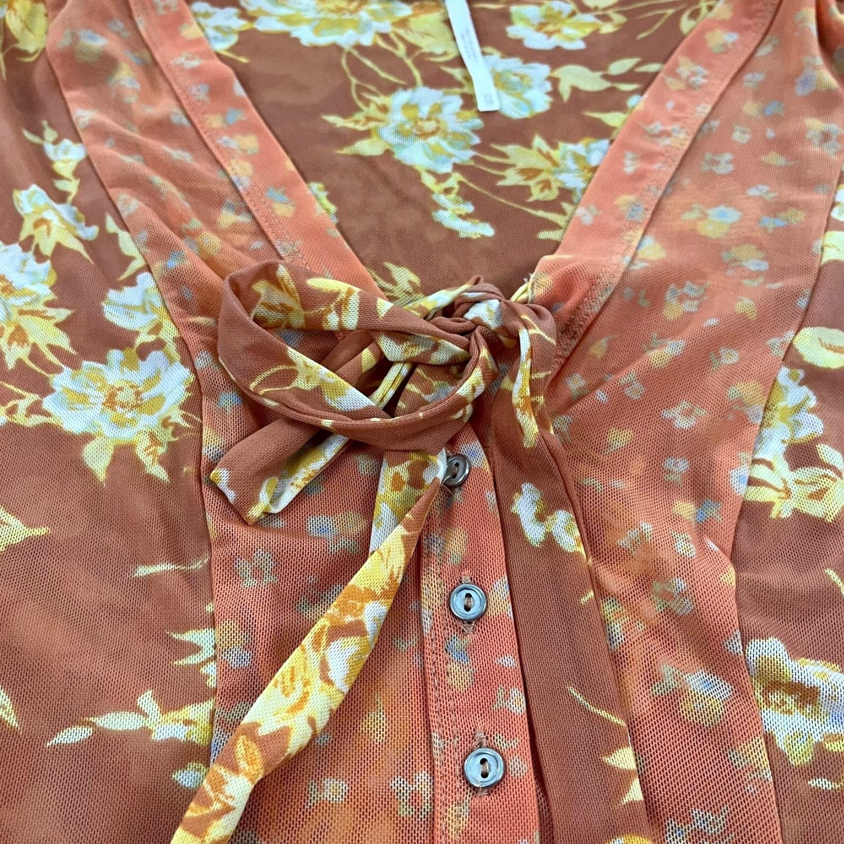 Free People Free People Top Womens XS Orange Yellow Floral Button Up Blouse Sheer Nylon Size XS / US 0-2 / IT 36-38 - 3 Thumbnail