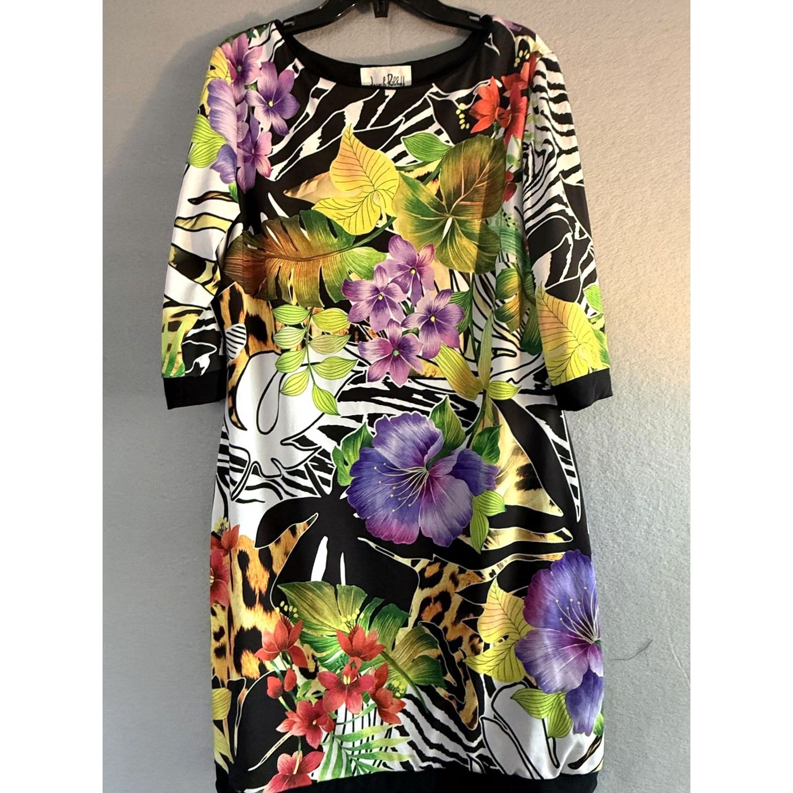 Joseph Ribkoff Joseph Ribkoff Dress Womens 14 Tropical Floral Animal Print Shift 3/4 Sleeve Multicolor Casual Party/Cocktail Travel Pullover Pointe Audience Womens Size XL / US 12-14 / IT 48-50 - 2 Thumbnail