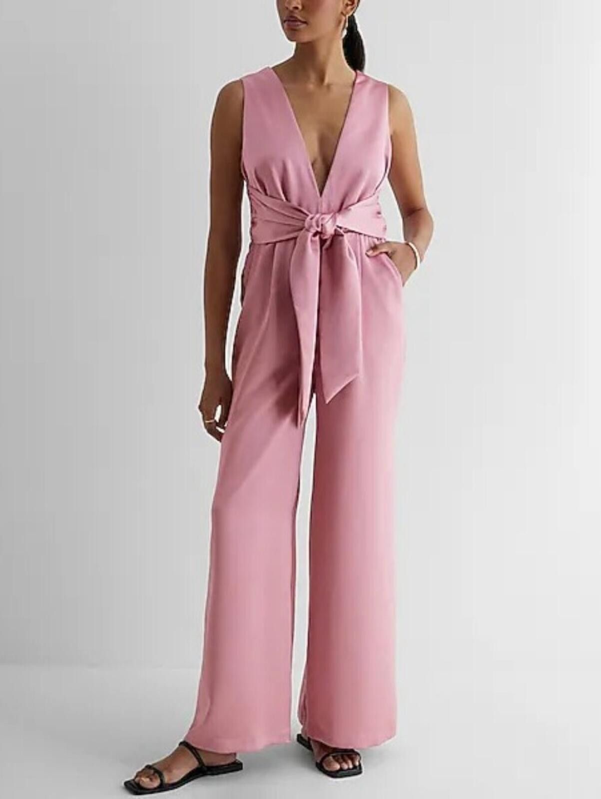 Express Express Satin V-Neck Tie Waist Wide Leg Jumpsuit Size 26" / US 2 / IT 38 - 1 Thumbnail
