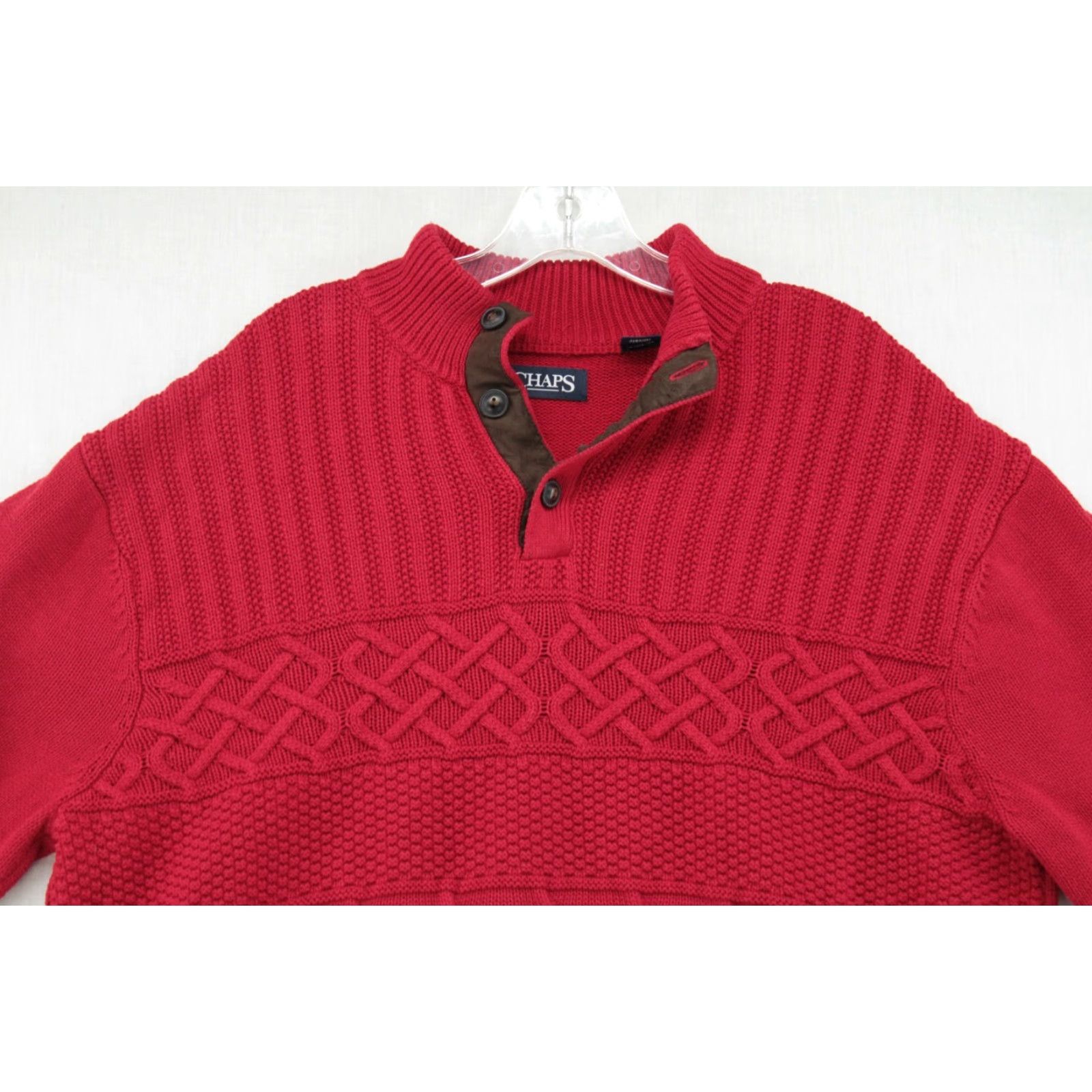 Chaps Chaps Sweater Mens XL Red Cable Knit Button Mock Neck Preppy Cabincore Christmas 90s Size US XL / EU 56 / 4 - 2 Thumbnail