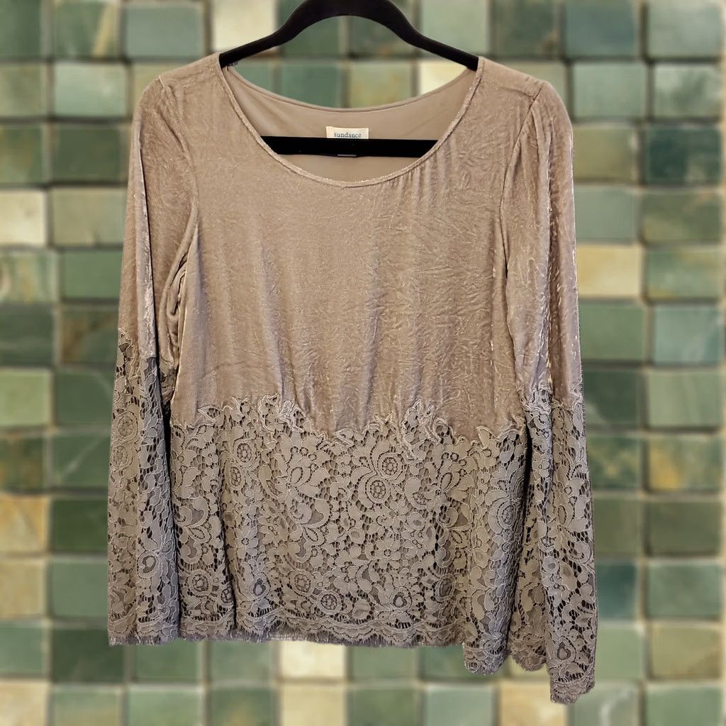 Vintage Sundance Blouse Shirt Women S Gray Crushed Velvet Lace Bell Sleeve Lined Floral Round Neck Pullover Bohemian Holiday Evening Party Wedding" Size S / US 4 / IT 40 - 1 Thumbnail