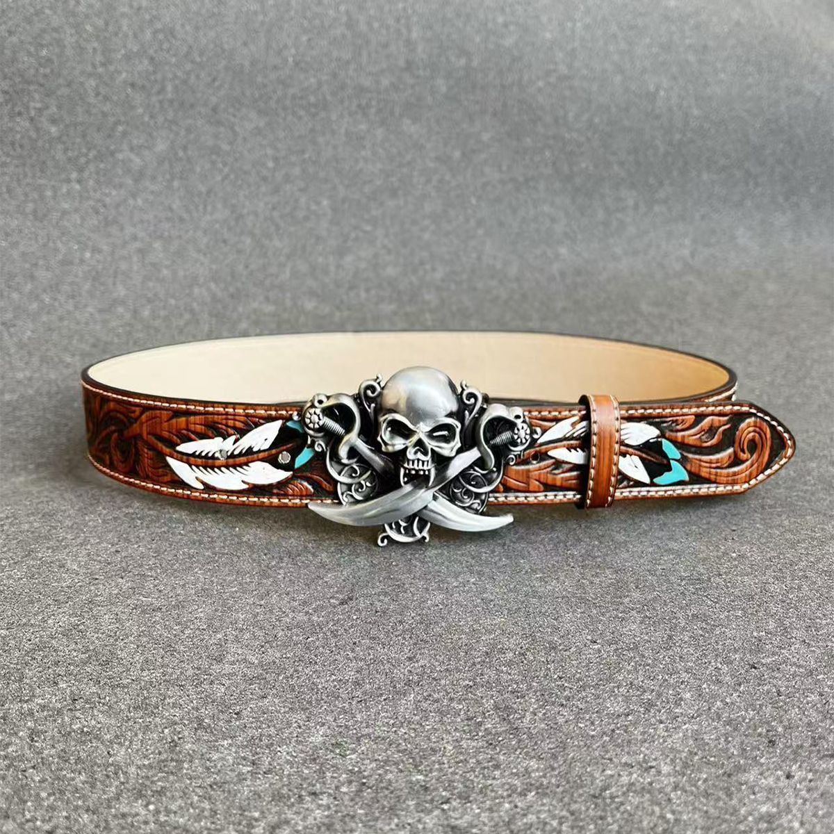 Designer Skull Vintage Belt Riveted Belts Menswear Accessories Size ONE SIZE - 2 Thumbnail