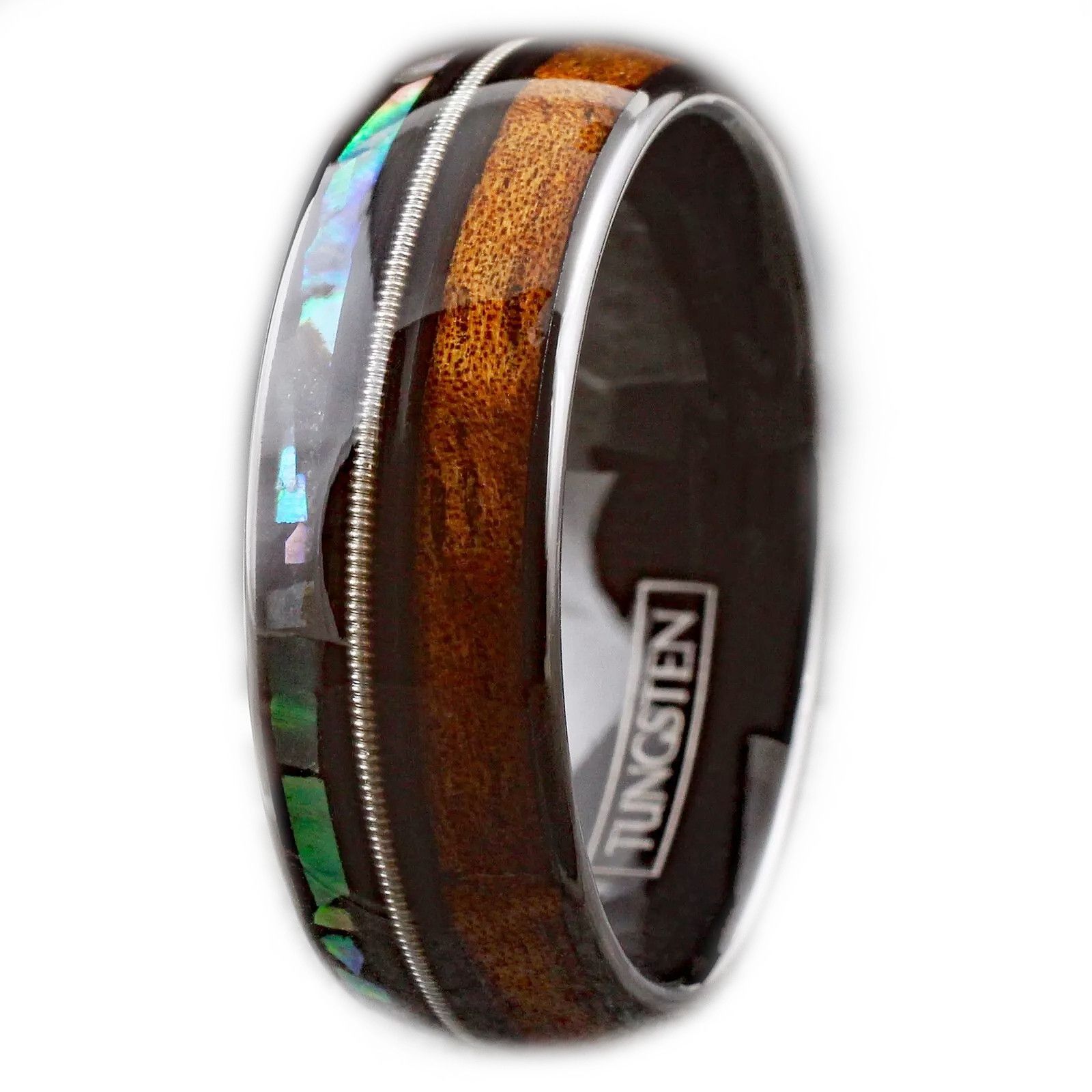 Other Tungsten Carbide Koa Wood Abalone & Guitar String Band Ring Size ONE SIZE - 2 Thumbnail