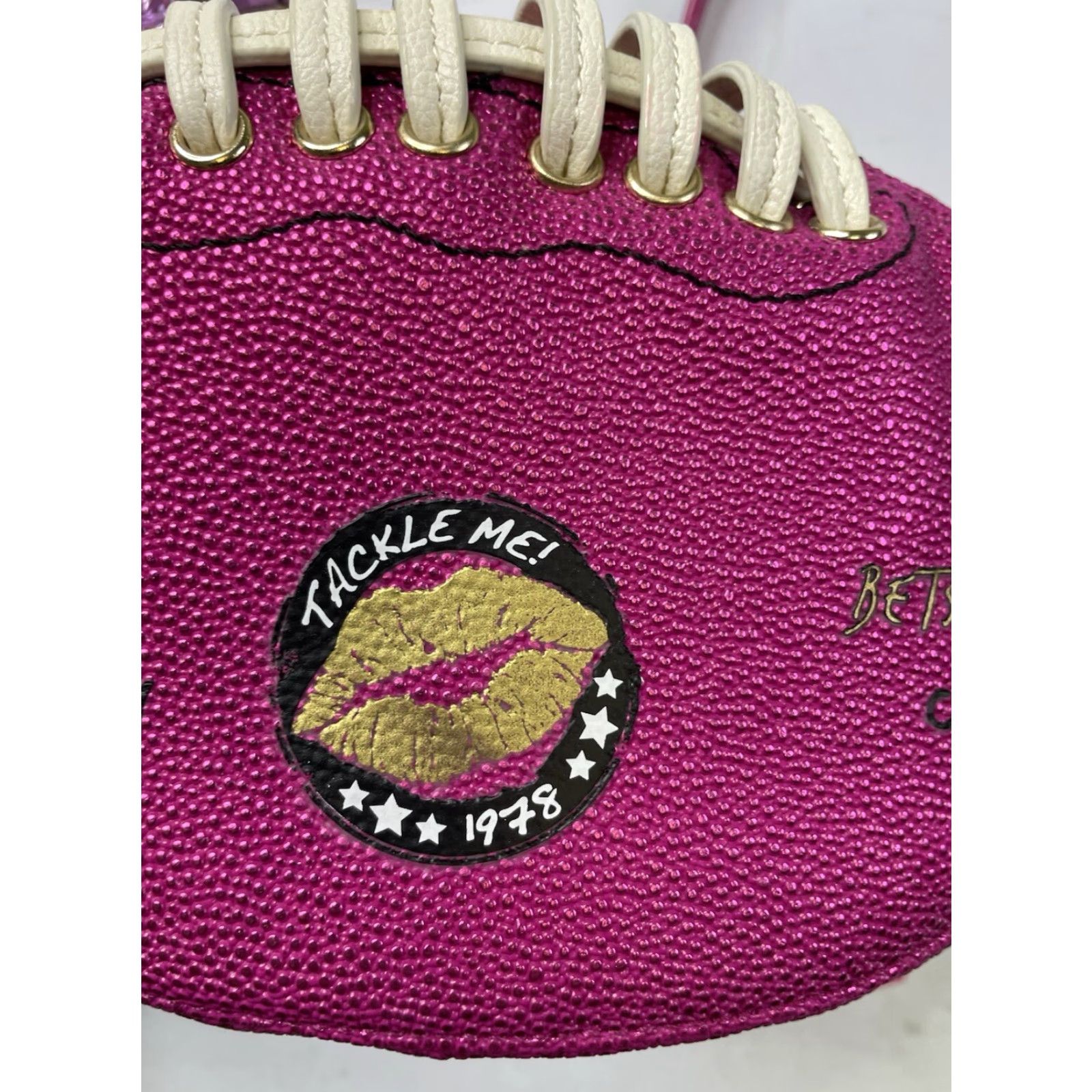 Betsey Johnson Betsey Johnson What a score! Crossbody Football Pink Pom Pom Purse bag Women Pink Faux Leather Crossbody Bag Size ONE SIZE - 4 Thumbnail