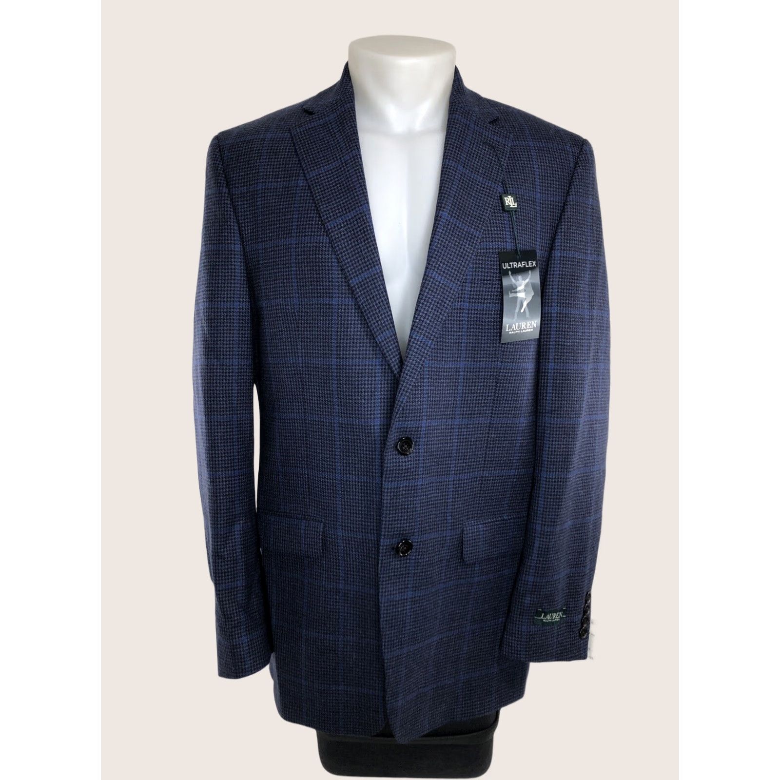 Ralph Lauren LAUREN / RALPH LAUREN Blazer Wool Plaid 40L Blue / Brown Houndstooth Big & Tall Mens Ultraflex Blazer with Tag Size 40R - 1 Thumbnail