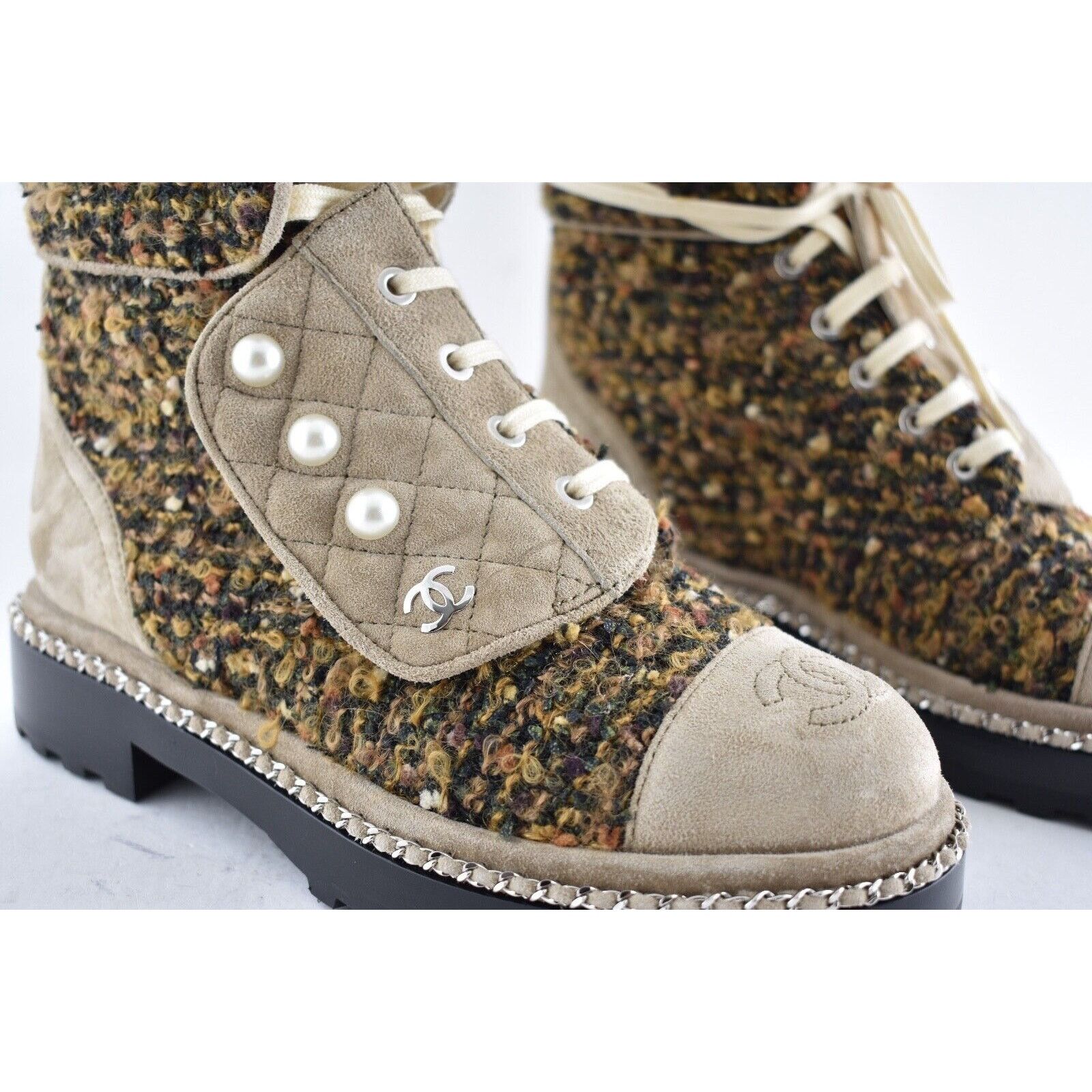 Chanel Chanel 18K Citizen Brown Beige Green Tweed CC Chain Pearl Size US 4.5 / IT 34.5 - 3 Thumbnail