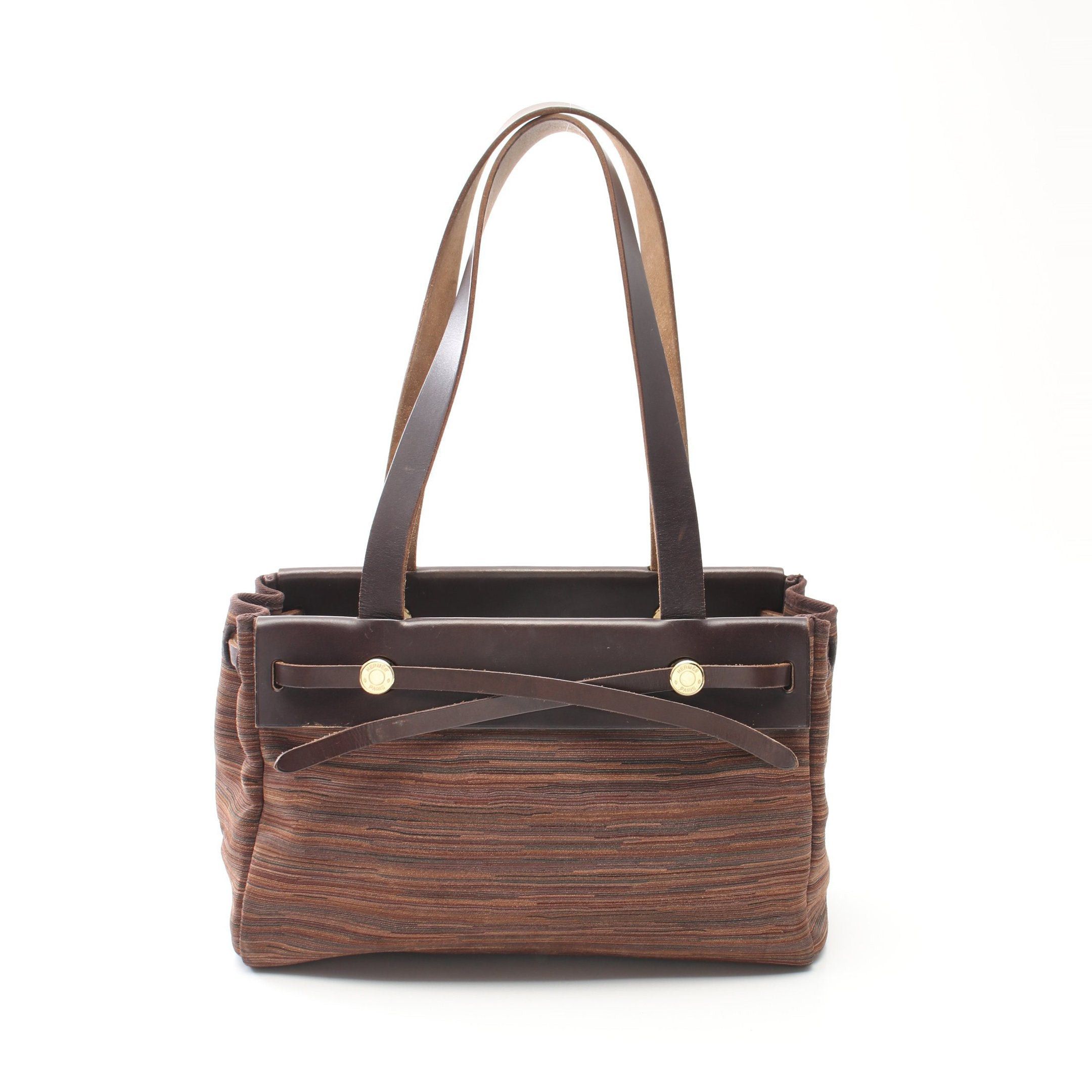 image of Hermes Herbag Bag Kabas Pm Shoulder Bag Tote Bag Vibration Leather Dark Brown Multicolor Gold Hardw