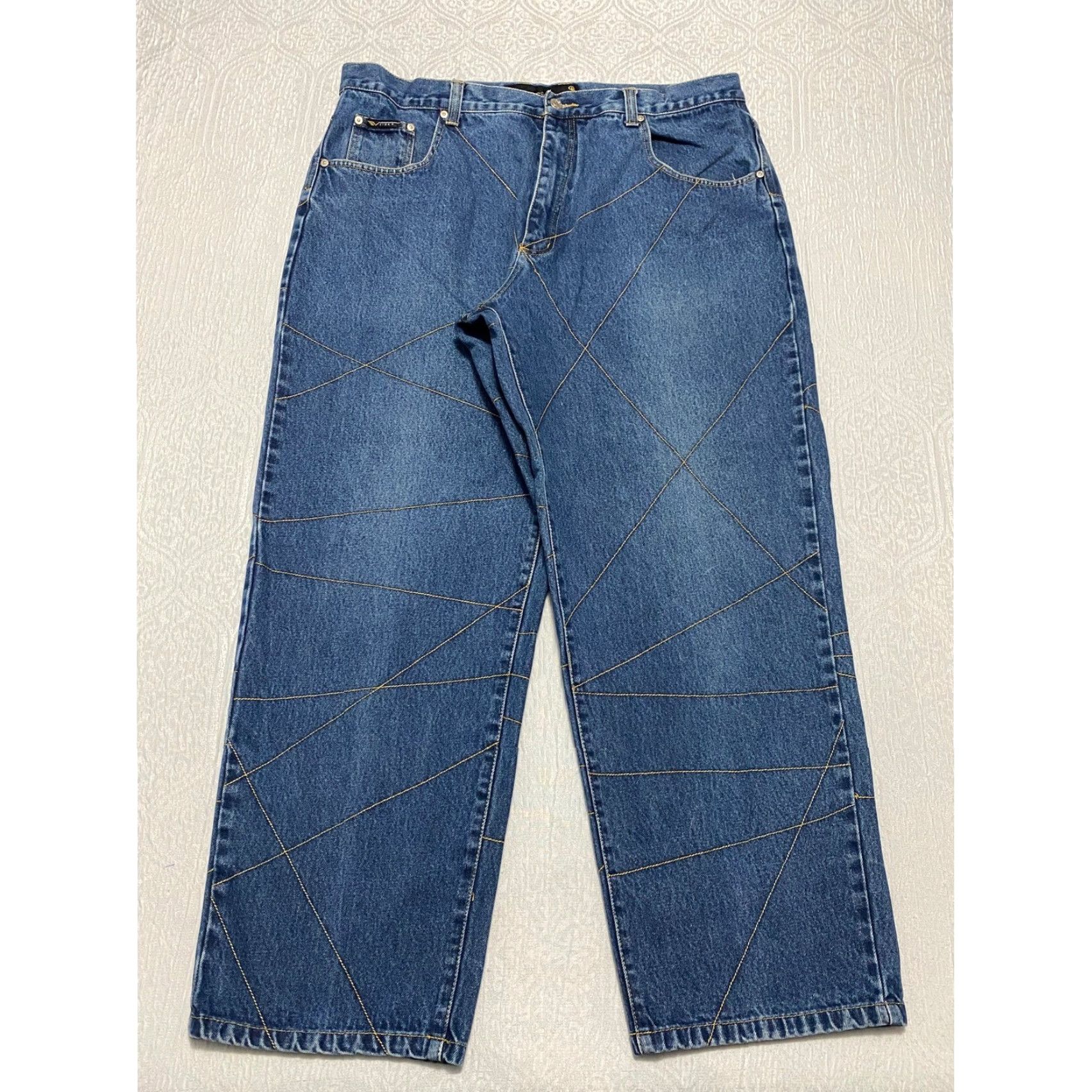VIBE VIBES Vibes GL Gold Label Baggy Y2K Jeans Men 42x32 Blue Geometric Stitching Denim Cotton 90s Hip Hop Straight 5-Pocket Baggy Button Mens Size US 42 / EU 58 - 2 Thumbnail