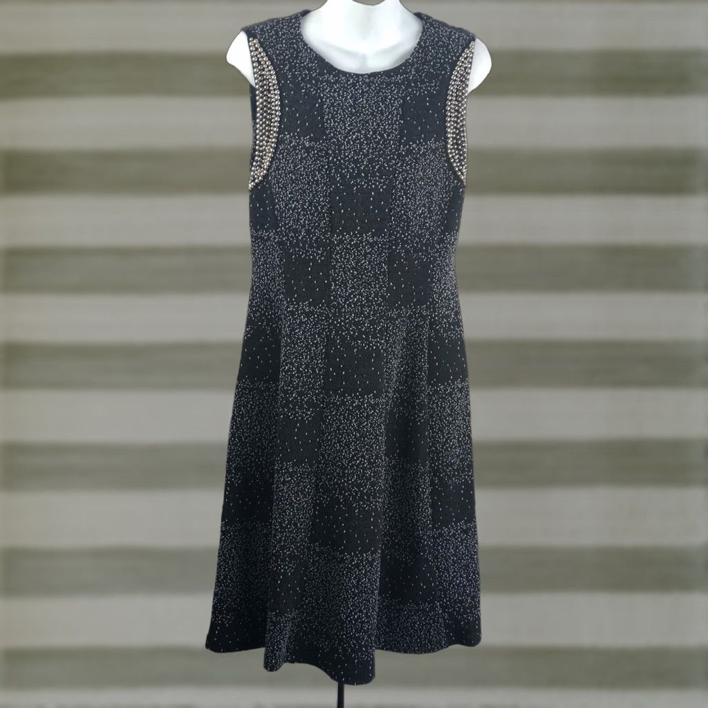 Vintage NWT Linea Domani Ltd Sleeveless Fit & Flare Dress 8 Blk Midi Bead Boat Neck Knit Size M / US 6-8 / IT 42-44 - 1 Thumbnail