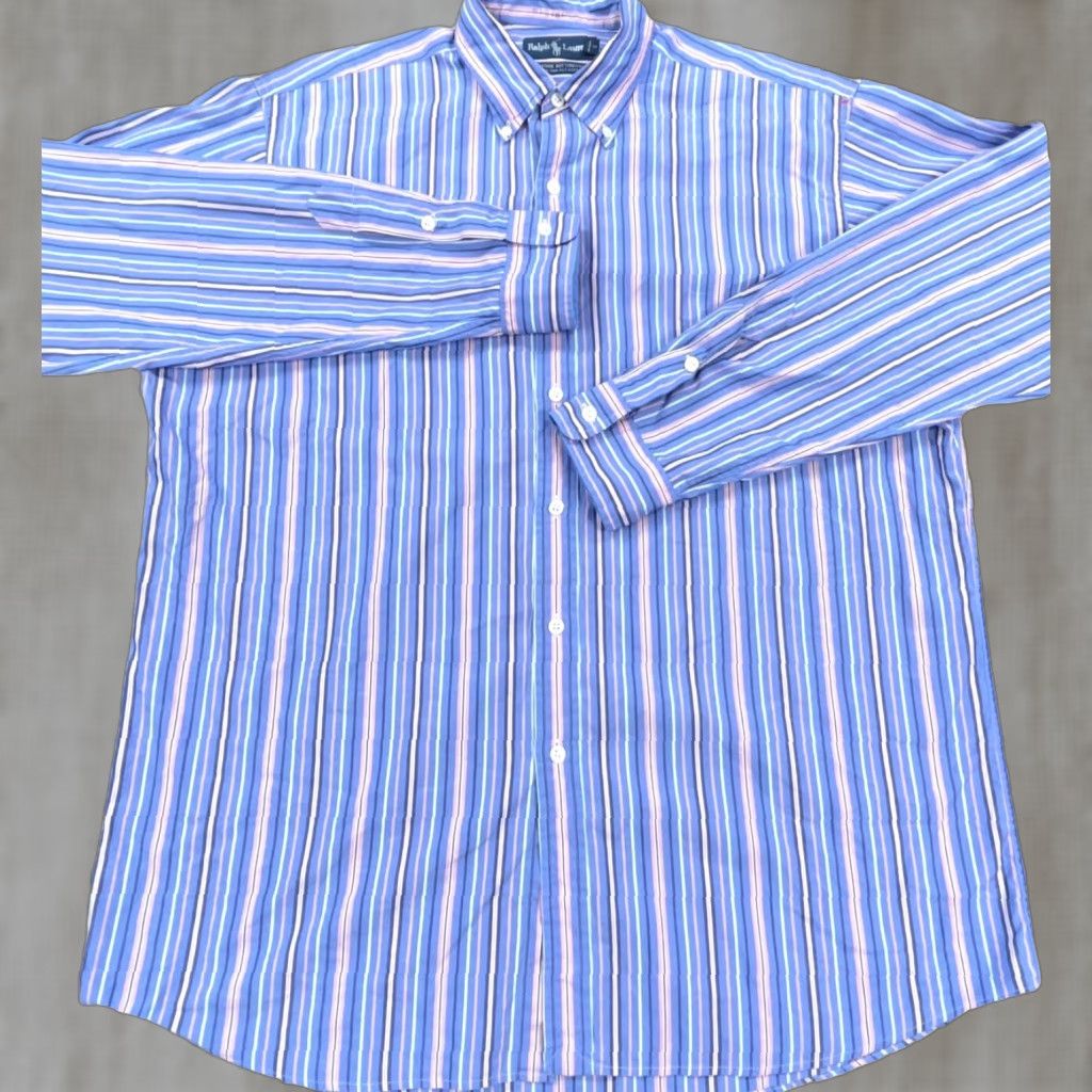 Ralph Lauren Ralph Lauren Shirt Men Large Blue Pink Button Up Striped Two Ply Poplin Dress A5 - Casual Everyday Wear Size 42R - 1 Thumbnail