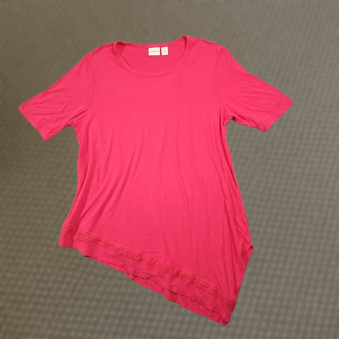 Vintage Chicos 2 Knit Top Pink Asymmetrical Hem Knit Lace Trim Short Sleeve Large Blouse Shirt Womens Vintage No Size L / US 10 / IT 46 - 1 Thumbnail