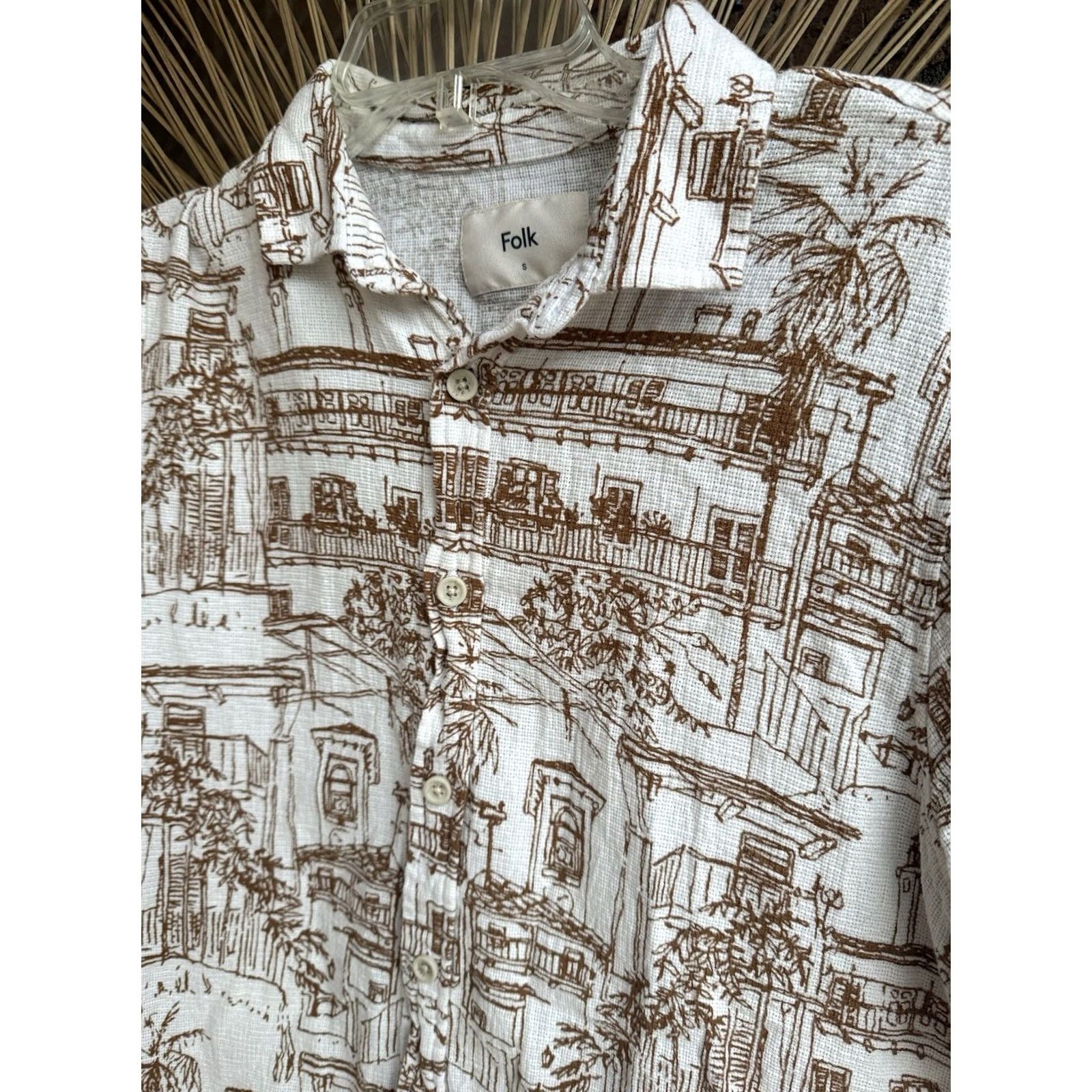 Vintage Folk Clothing Shirt Mens Short Sleeve Button-Up Cotton City Print Sz S Black/ Cream Urban Geometric 90s? Size US S / EU 44-46 / 1 - 3 Thumbnail