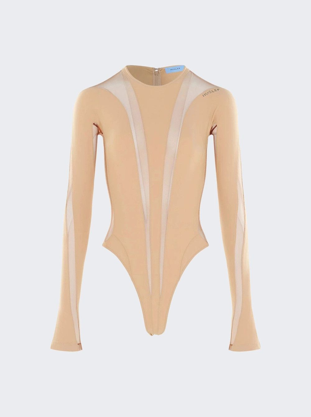 Mugler 44 XXL Mugler Long-Sleeve Sheer Panel Bodysuit Beige Nude 01 Size XXL / US 16-18 / IT 52-54 - 1 Thumbnail