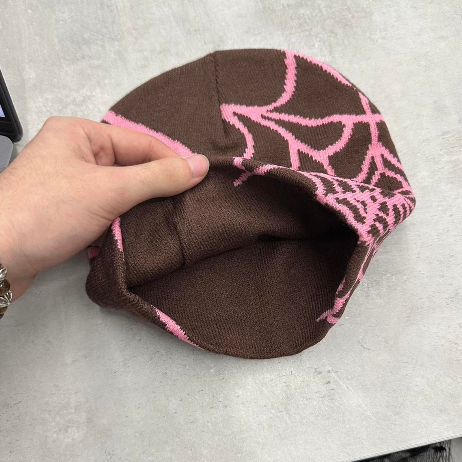Other Vintage Style Brown and Pink Spider Web Beanie Hat Accessory Size ONE SIZE - 3 Thumbnail