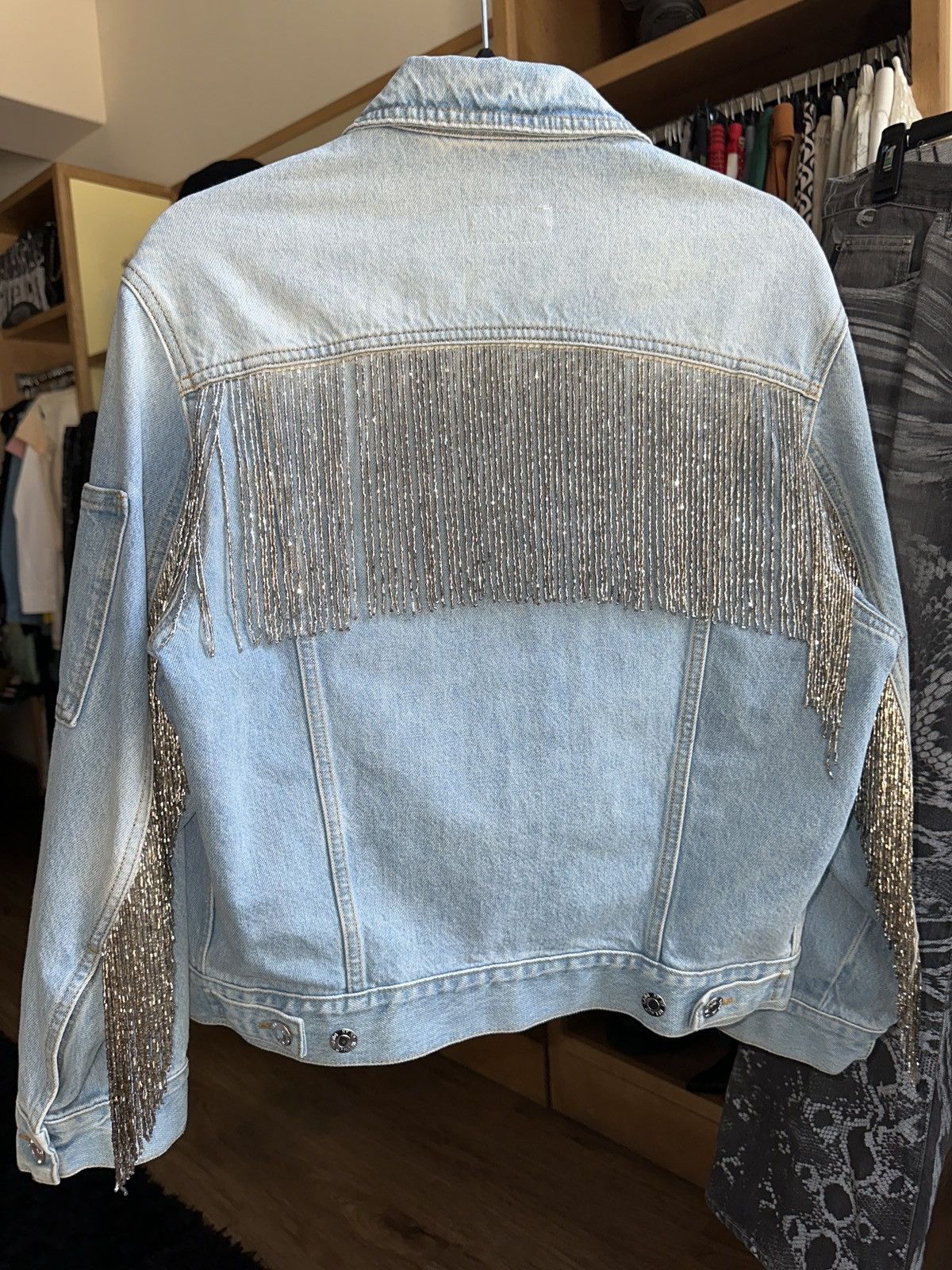 Helmut Lang Shayne Oliver fringe glass beaded denim jacket Grailed