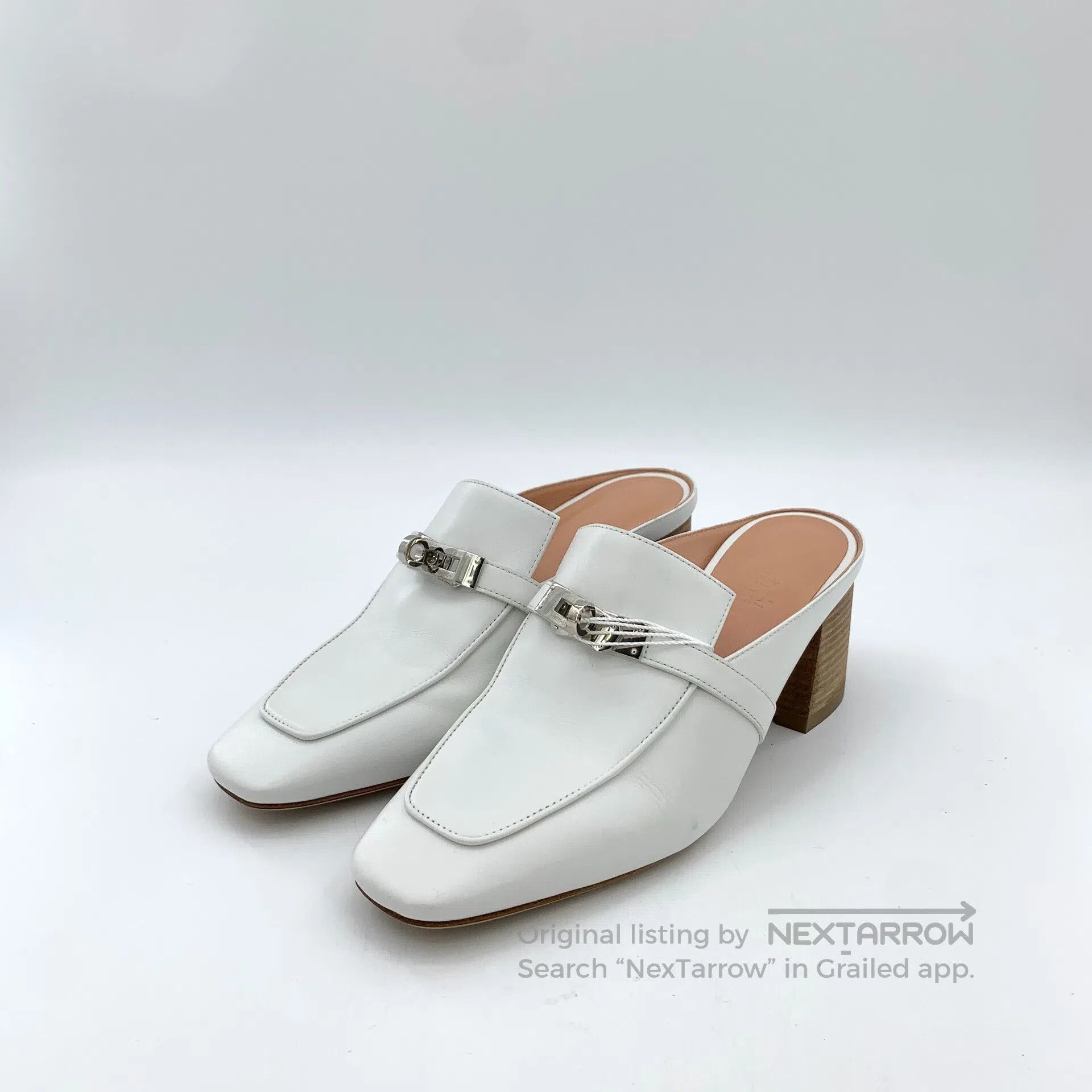 Hermes Hermes White silver buckle Mule block high-heeled shoes| Size US 7.5 / IT 37.5 - 1 Thumbnail