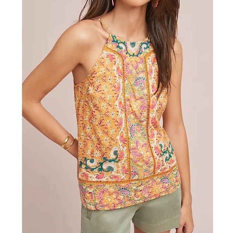 Anthropologie akemi + kim | embroidered boho lattice yellow tank sz 2 Size XS / US 0-2 / IT 36-38 - 1 Thumbnail