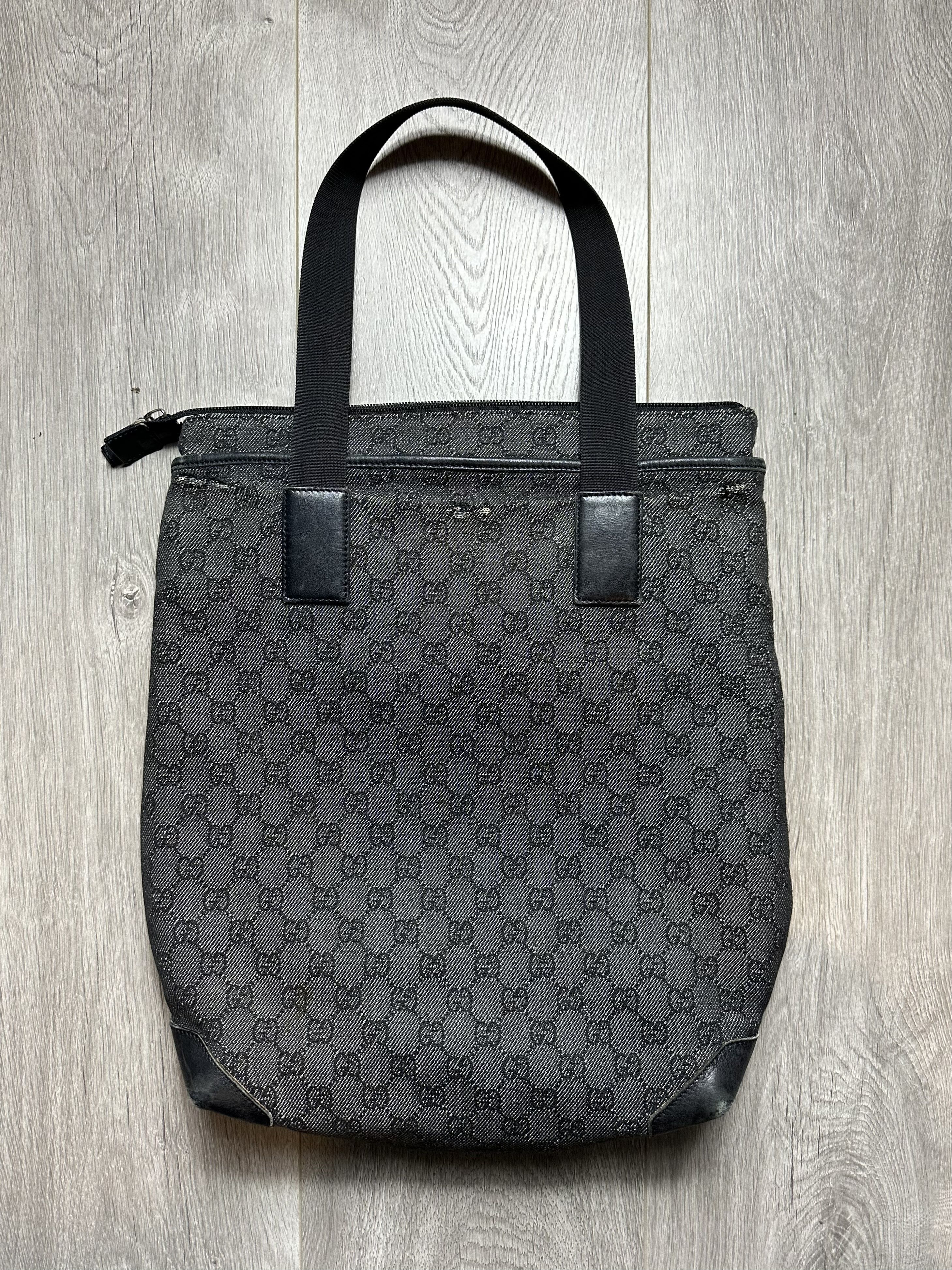 GUCCI GG Denim Canvas Tote Bag Black Leather Switch 28892