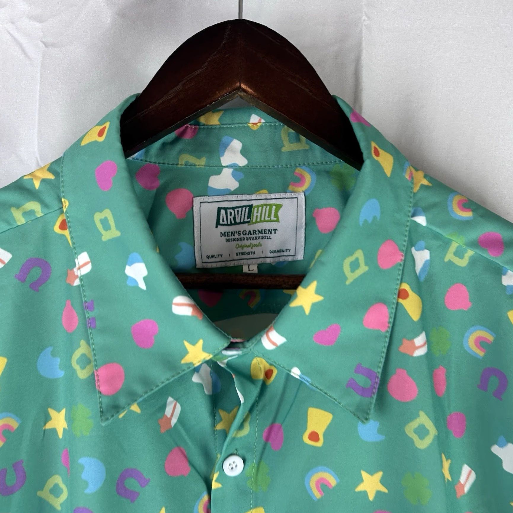 Vintage Arvilhill Shirt Mens Large Green AOP Marshmallow Lucky Charm Short Sleeve Button-Up Candy Irish Size US L / EU 52-54 / 3 - 3 Thumbnail