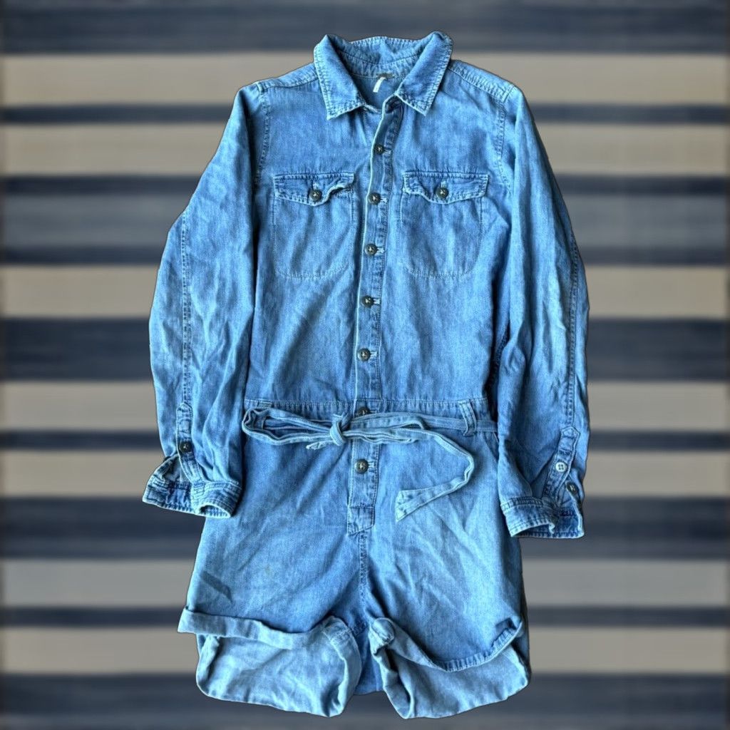 Free People Free People Denim Romper Women Medium Blue Jean Long Sleeve Utility Size M / US 6-8 / IT 42-44 - 1 Thumbnail