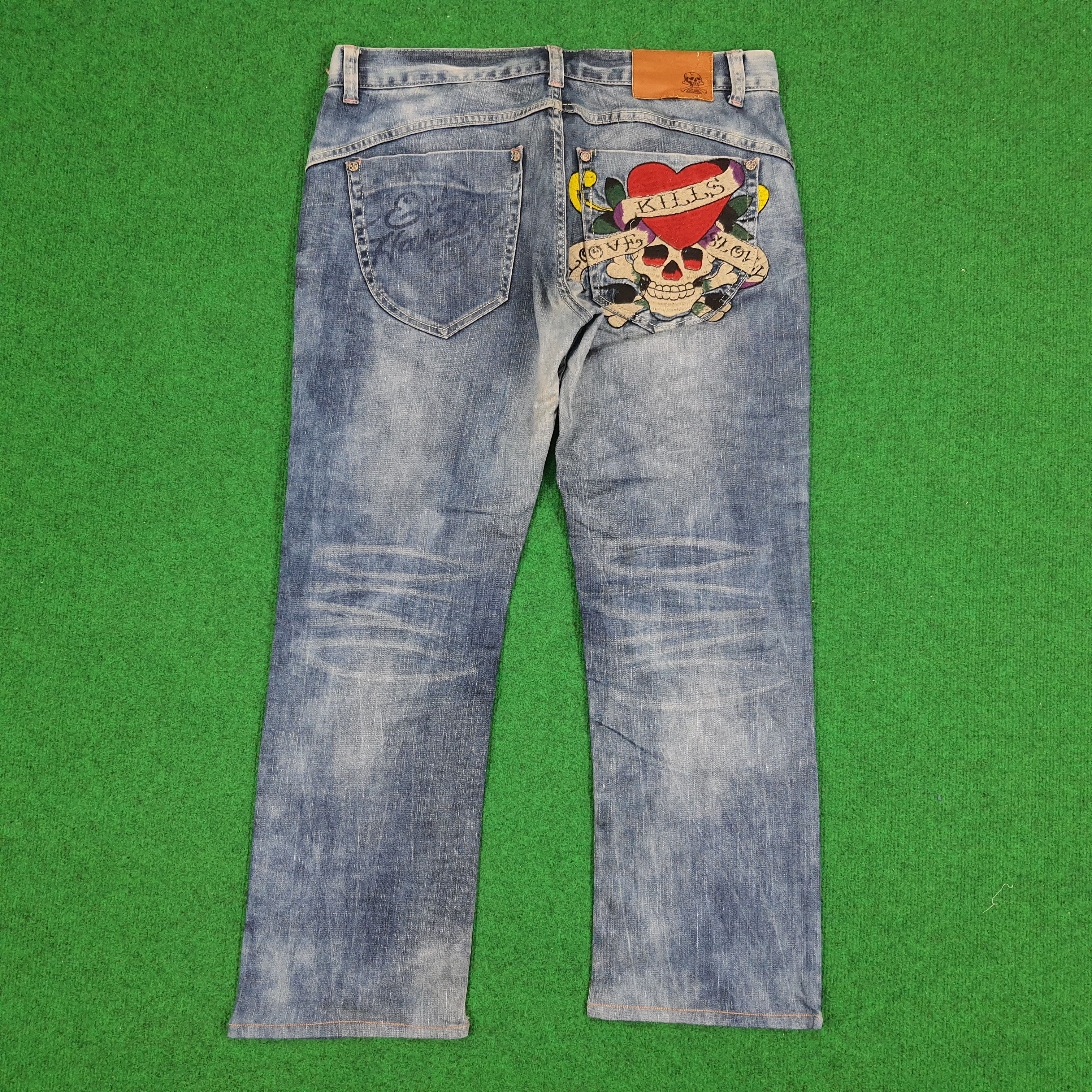 Ed Hardy × Vintage Vintage Ed Hardy Love Kills Slowly Skull Embroidery Jeans Size US 35 - 2 Thumbnail