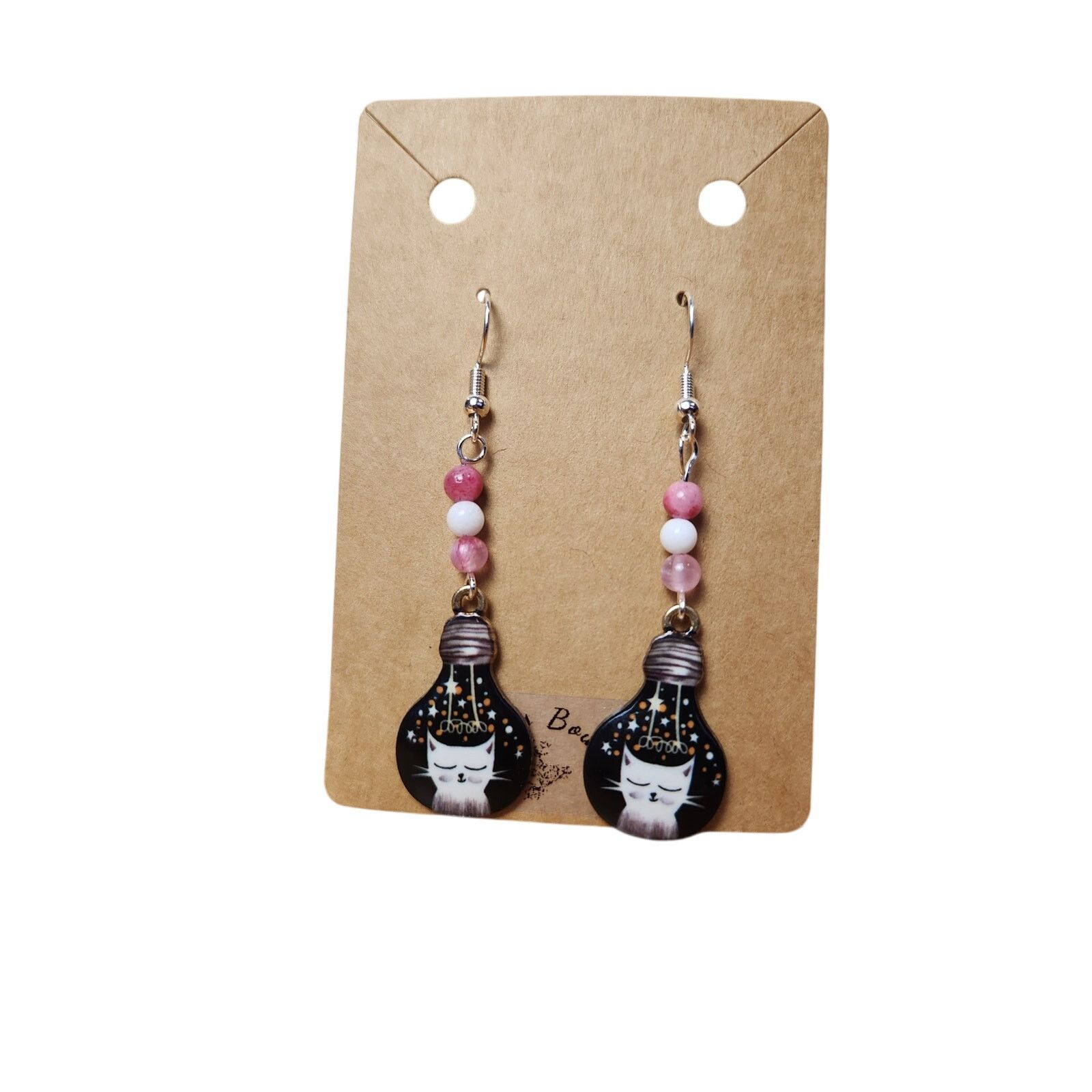 Other Handmade Cat Lightbulb Earrings Pink White Jade Beads Size ONE SIZE - 6 Thumbnail