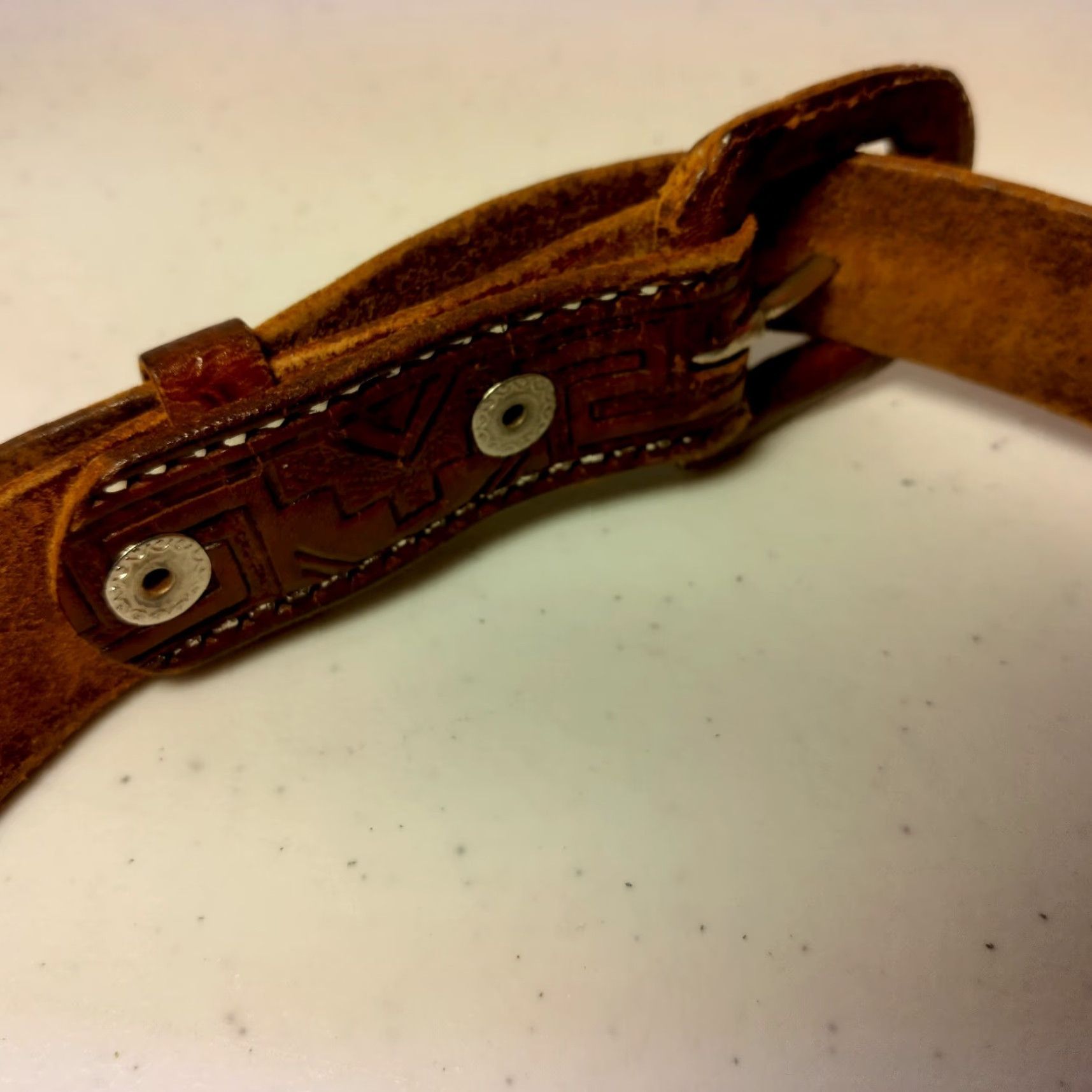 Vintage Vintage Hand Tooled Leather Belt Women Mexico Aztec Tribal Brown Distressed 1" Size ONE SIZE - 5 Thumbnail