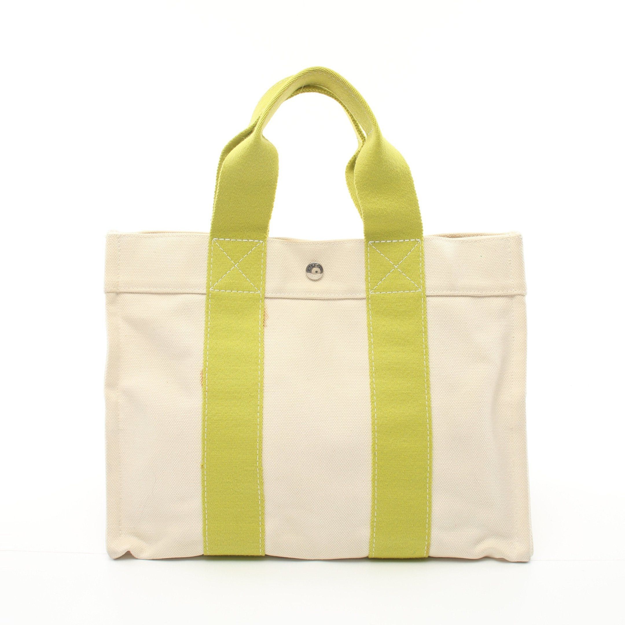 image of Hermes Bora Bora Pm Ivory Yellow-Green Handbag Tote Bag Canvas Ivory Yellow-Green Silver Hardware, 