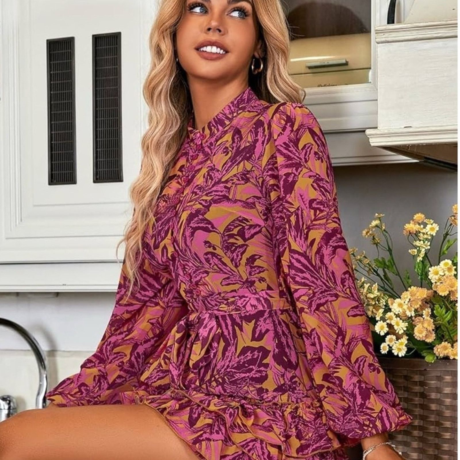 Other New Y2K Floral Ruffled long Sleeve Pink and Yellow Dress S Size S / US 4 / IT 40 - 1 Thumbnail