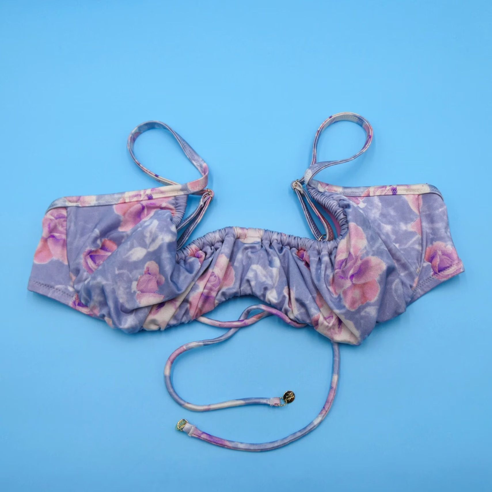 Viktoria's Secret 38C Purple Floral Plunge Ruffle Bikini Top Swimwear Beach New