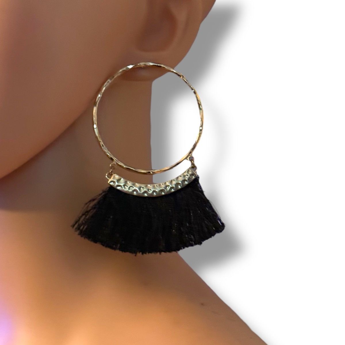 Other Large gold tone black tassel hoop post earrings Size ONE SIZE - 2 Thumbnail