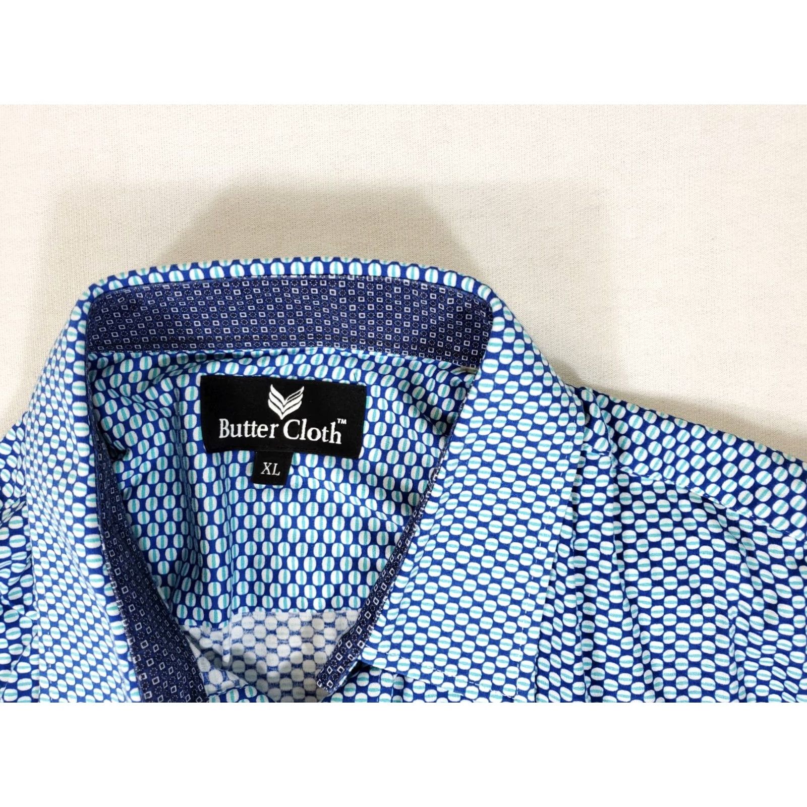 Vintage Buttercloth Dress Shirt Flip-Cuff Blue Patterned Long Sleeve Mens XL Size 46R - 2 Thumbnail