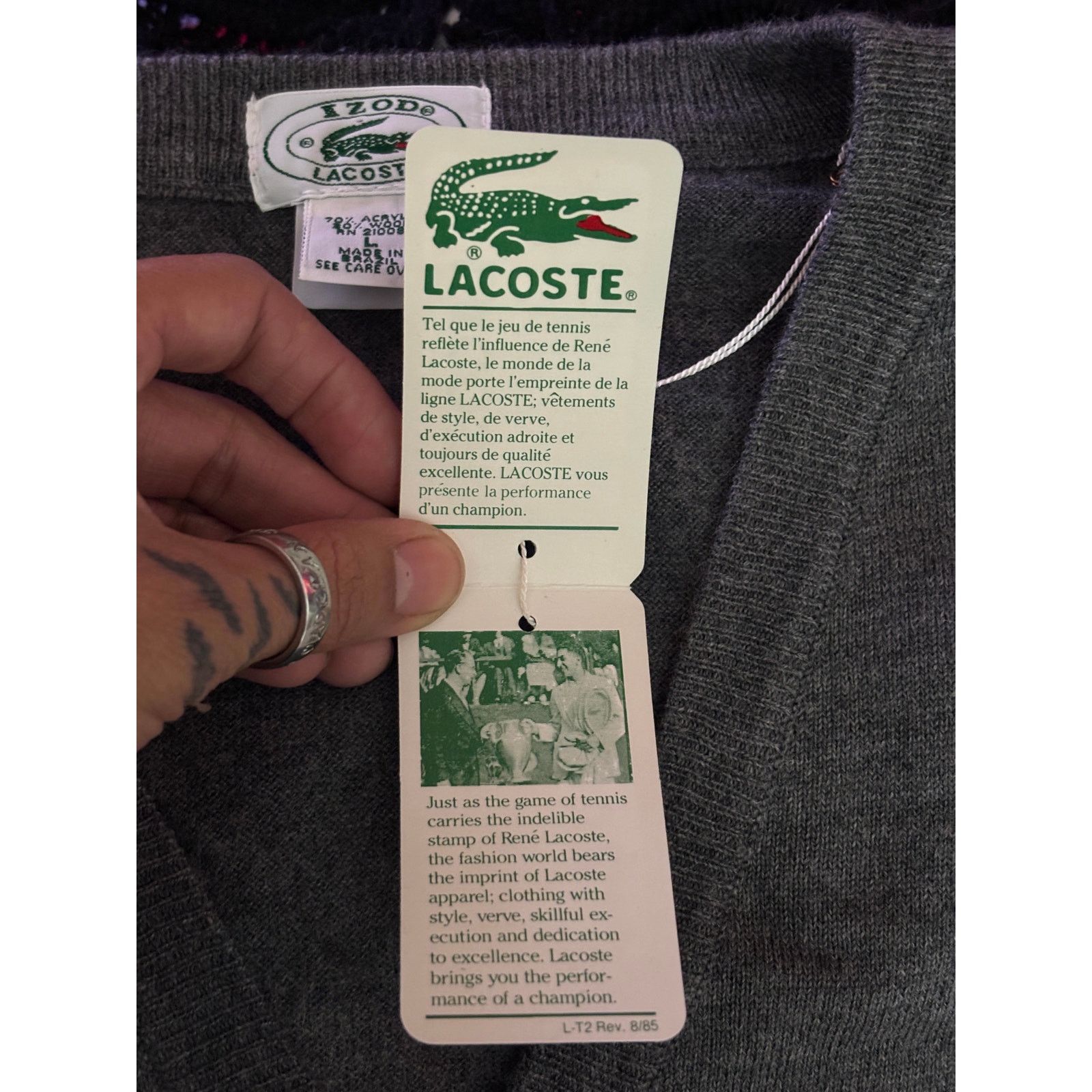 Lacoste Vintage 1980s Izod Lacoste Gray Knit V-Neck Sweater Men’s Size US L / EU 52-54 / 3 - 6 Thumbnail